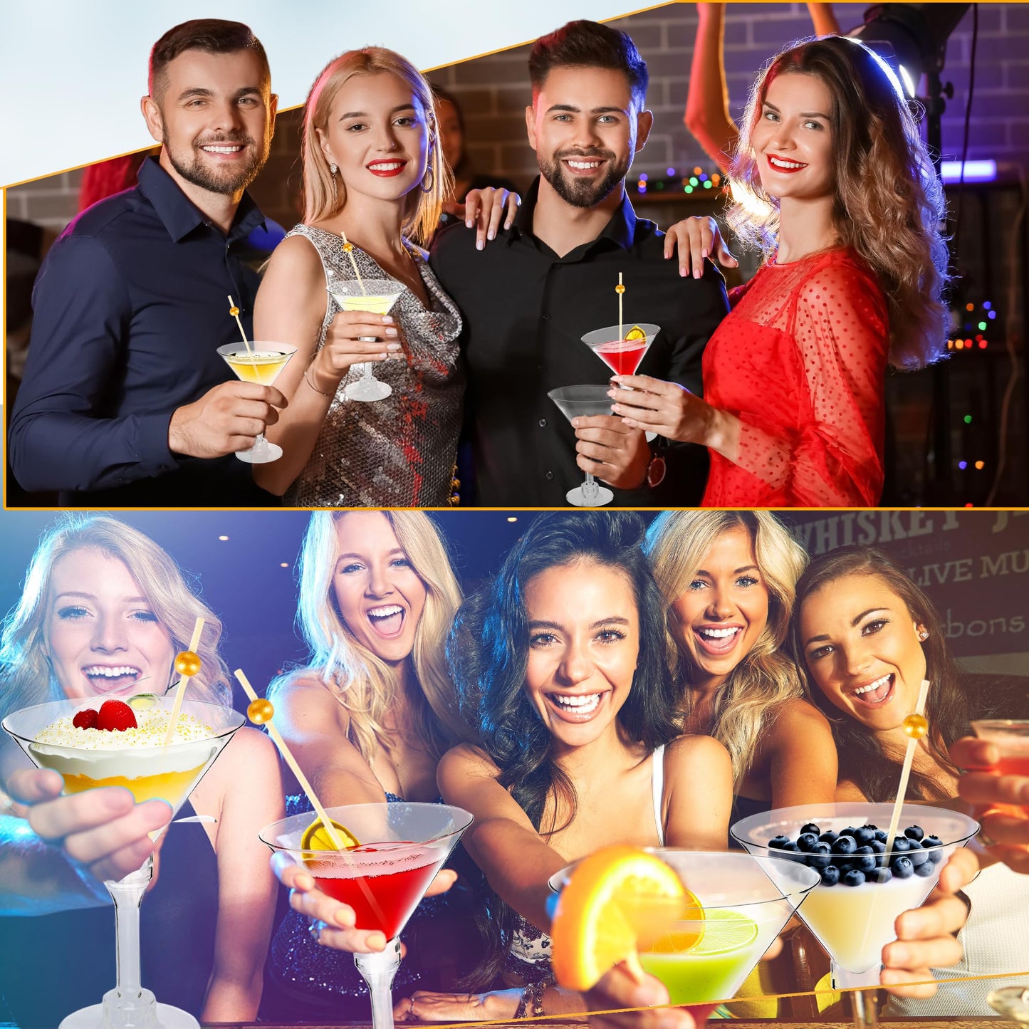 100 Pcs 5 oz Plastic Martini Glasses Set Includes 50 Pcs Tall Cocktail Glasses and 50 Pcs Short Martini Cups with 100 Pcs Cocktail Sticks for Birthday Wedding Disco Parties Wine Dessert Puddings