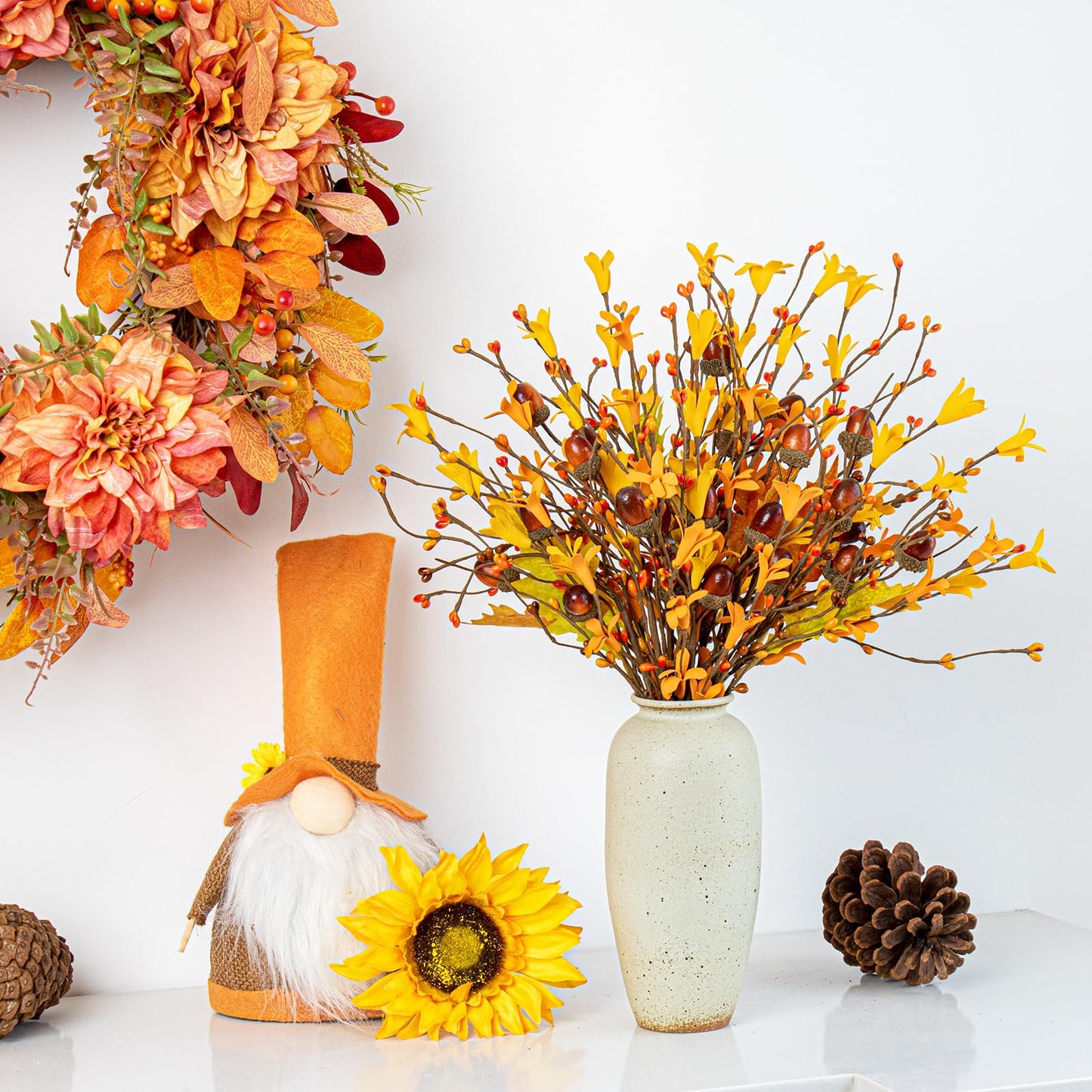 VioletEverGarden Artificial Fall Flowers 12 Pack Fall Leaves Stems 17 Inch Fall Floral Picks with Forsythia Acorn and Berry for Thanksgiving Holiday Decorations