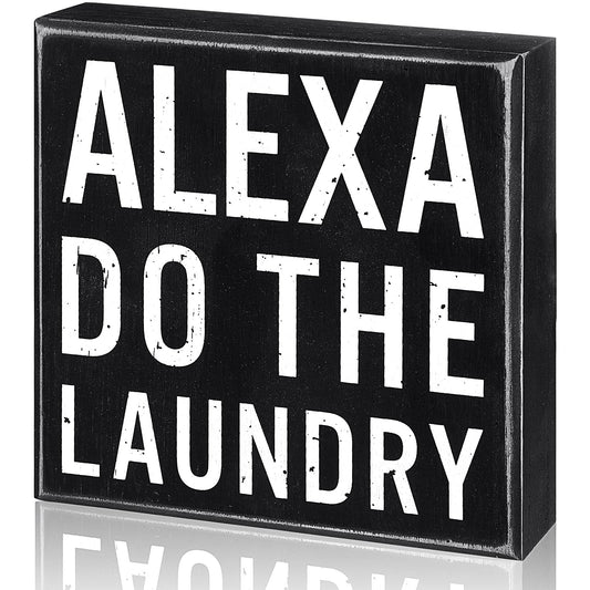 Classic Farmhouse Laundry Decor Funny Wooden Box Sign Rustic Laundry Black White Decorative Box Sign Plaque for Home Bathroom Shelf Decoration(Black Background)