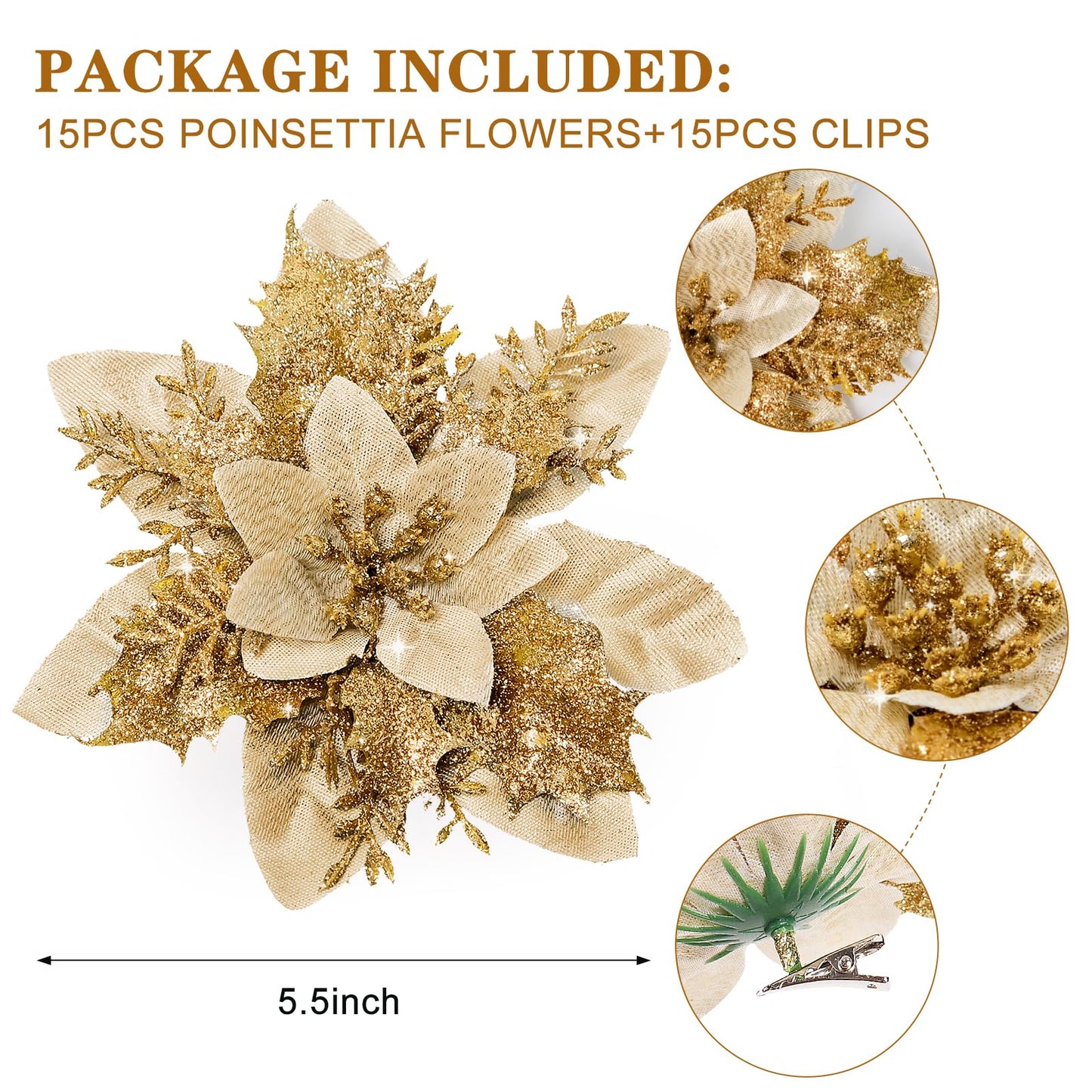 DEEMEI Christmas Poinsettia Artificial Flowers Christmas Tree Wreaths Garland Decoration 15 Pcs 5.5" Glitter Flowers Picks Decor for Xmas New Year Wedding Party Ornaments Gold