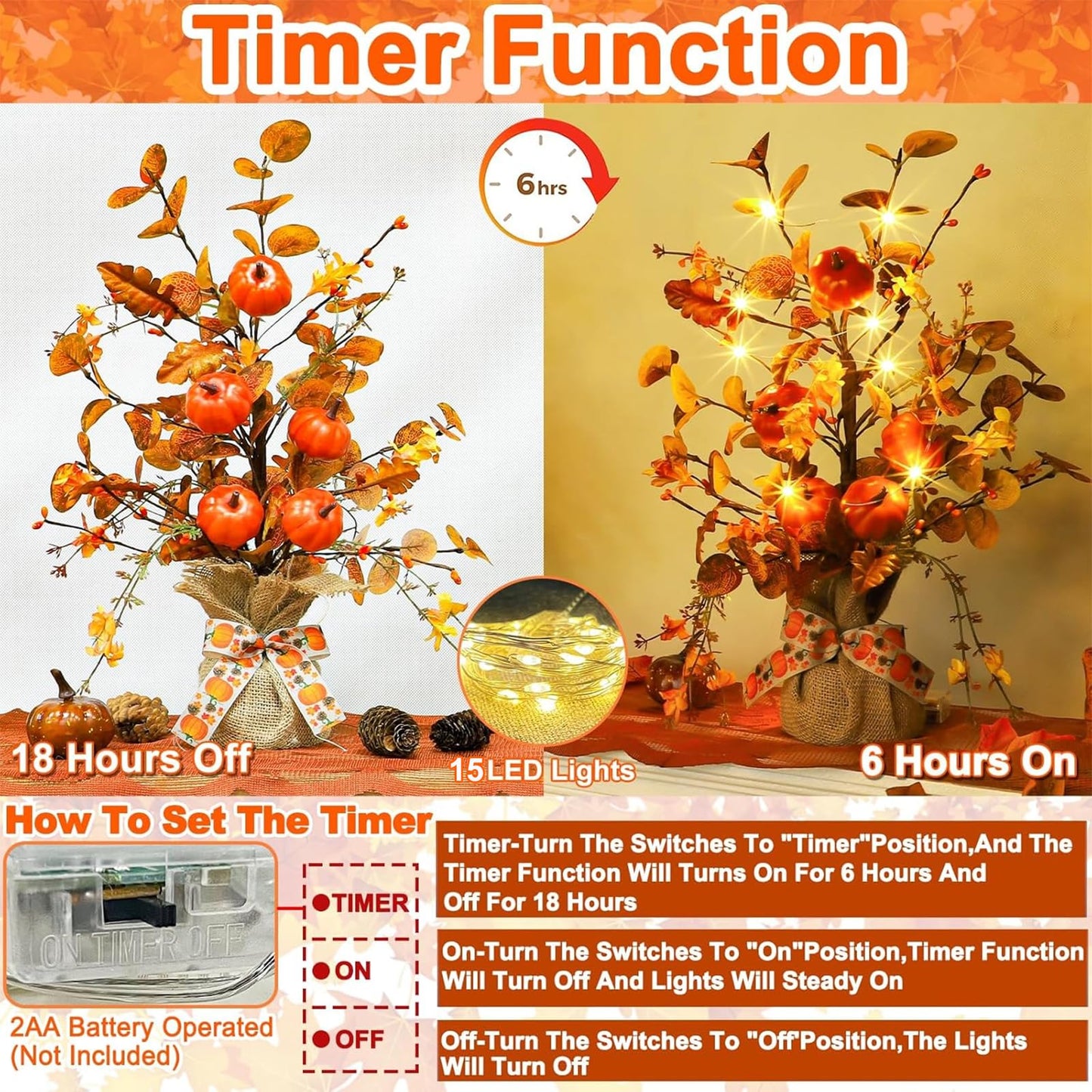 2 Pack & Timer - TURNMEON Lighted Fall Tree Tabletop Fall Decor with 30 LED Battery Operated Artificial Eucalyptus Tree Pumpkins Floral Berries Burlap Base Fall Thanksgiving Decorations Home Indoor