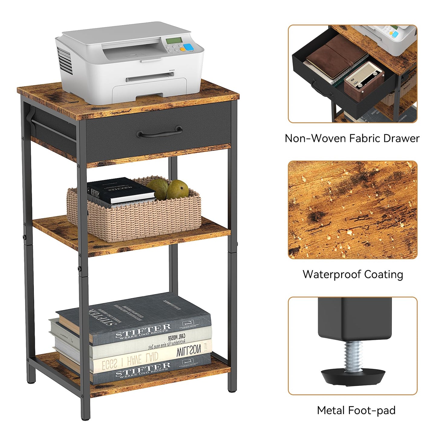 NORCEESAN Printer Stand with Storage, 3 Tier Printer Table for Small Spaces Nightstand with Fabric Drawers Office Side Table with Shelves Industrial Wood Night Stand for Home, Rustic Brown