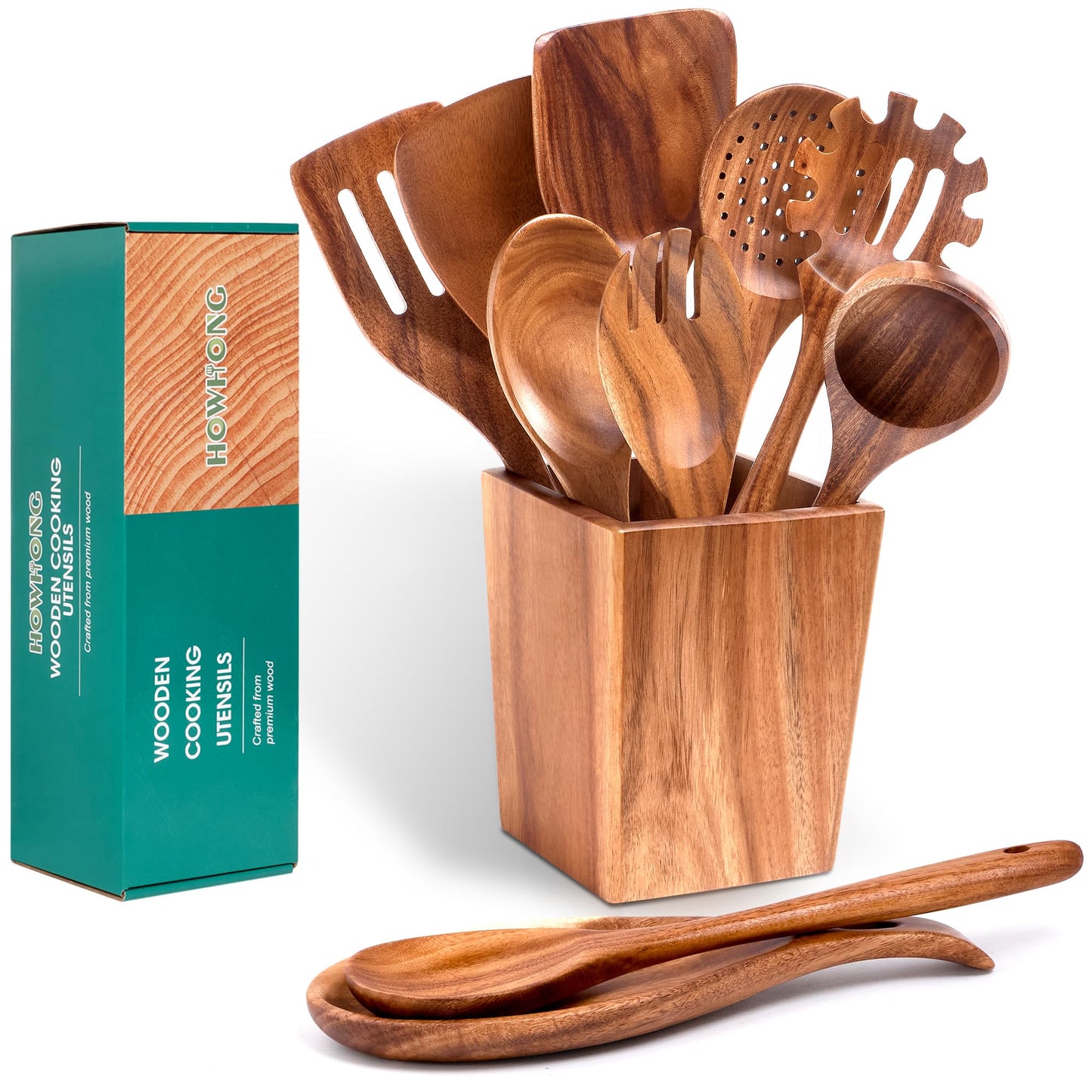 Wooden Spoons for Cooking, Acacia Wood Cooking Utensils Set – 11 Piece Wooden Kitchen Tools with Holder, Spoon Rest, Nonstick Cookware Safe by HOWHONG