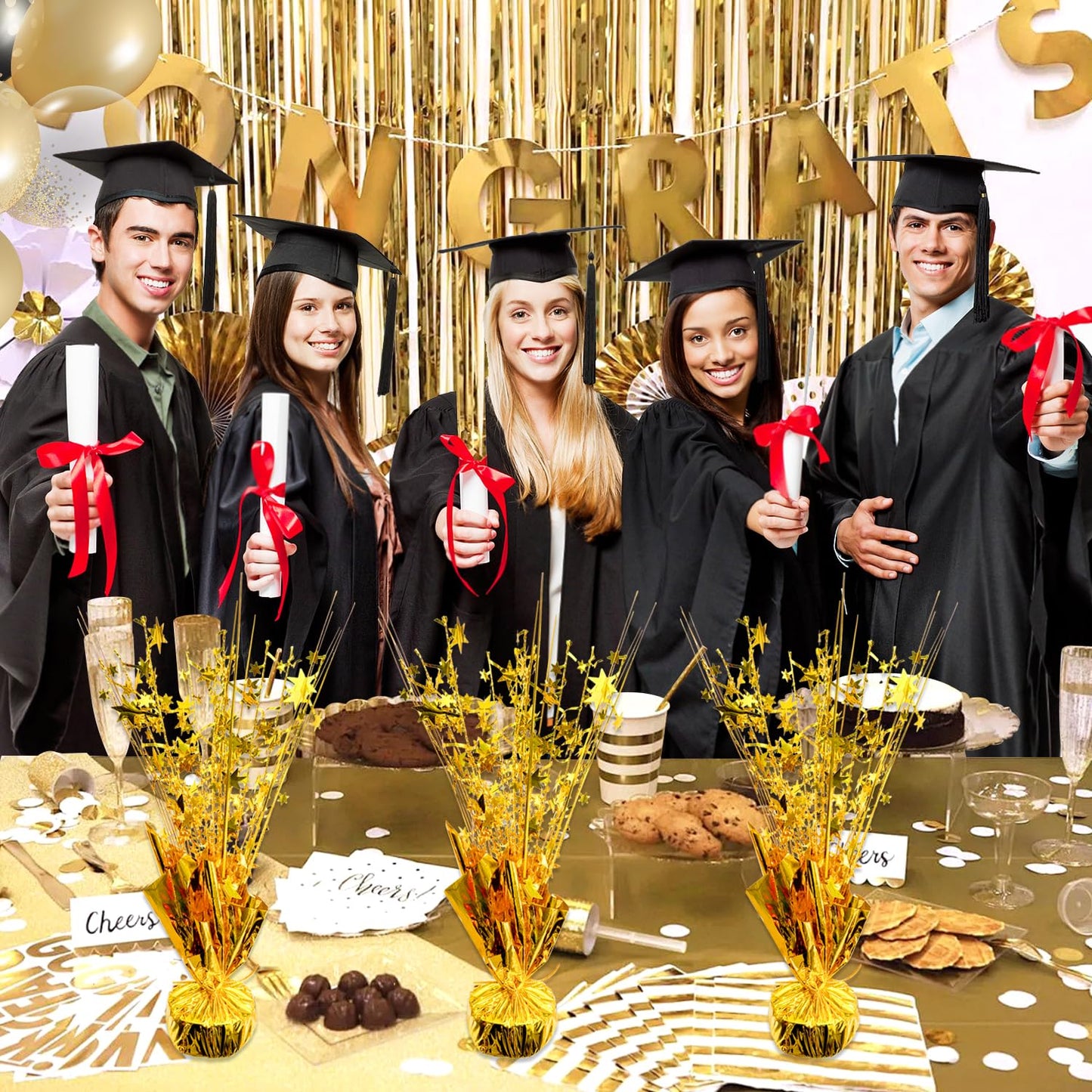 6 PCS Metallic Foil Spray Centerpiece Grad Decor Table Decoration Burst Table Centerpieces for Graduation Birthday Wedding Anniversary Season Holiday Party Supplies Decor (Gold)