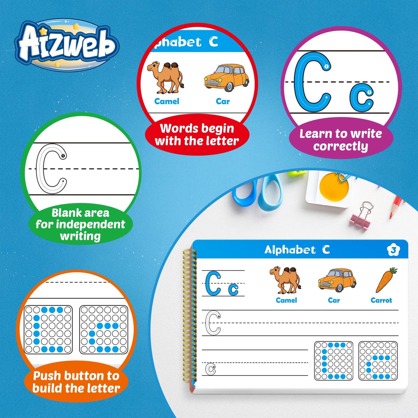 Aizweb Handwriting Practice for Kids,Learn to Write,Pre k Toddler Preschool Kindergarten Learning Activities,Number Shape Letter Tracing Writing Workbook,ABC Alphabet Autism Montessori Toys