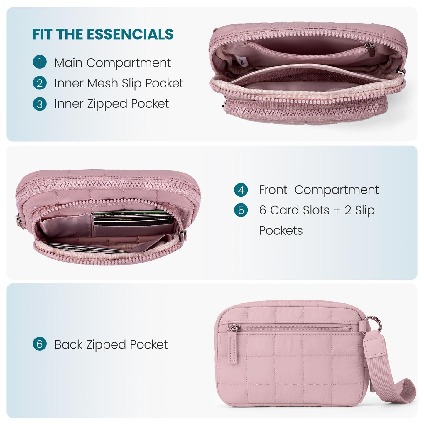 VONAL Wristlet Wallets for Women, Quilted Nylon Wallet Purse with 3 Zipper, Credit Card Holder with RFID Blocking Cell Phone Organizer, Puffer Womens Wristlet, Pink