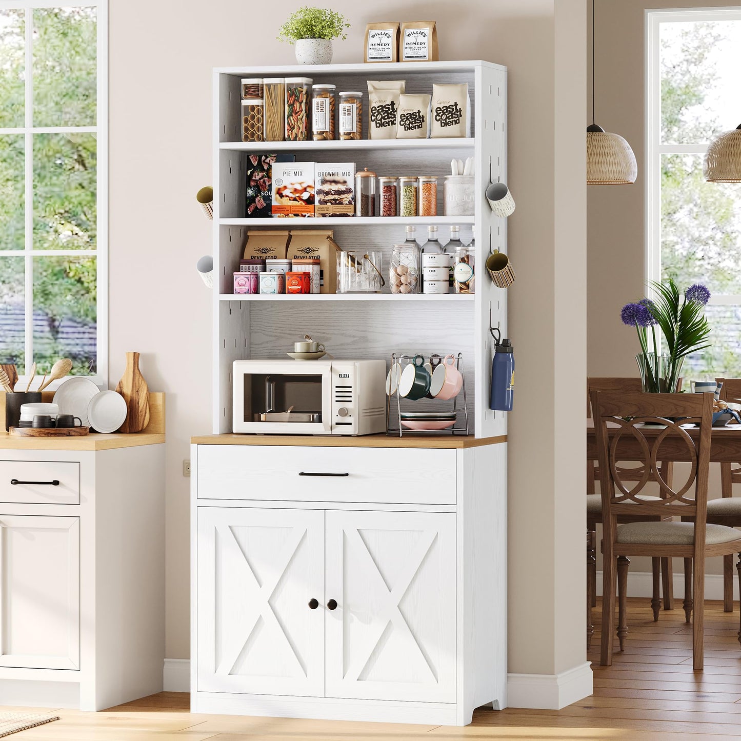 IRONCK Bakers Rack Microwave Stand with Storage and Pegboard, 71" Farmhouse Coffee Bar Cabinet with Drawer, Barn Doors, Adjustable Shelves for Kitchen, Dining Room, Living Room, White