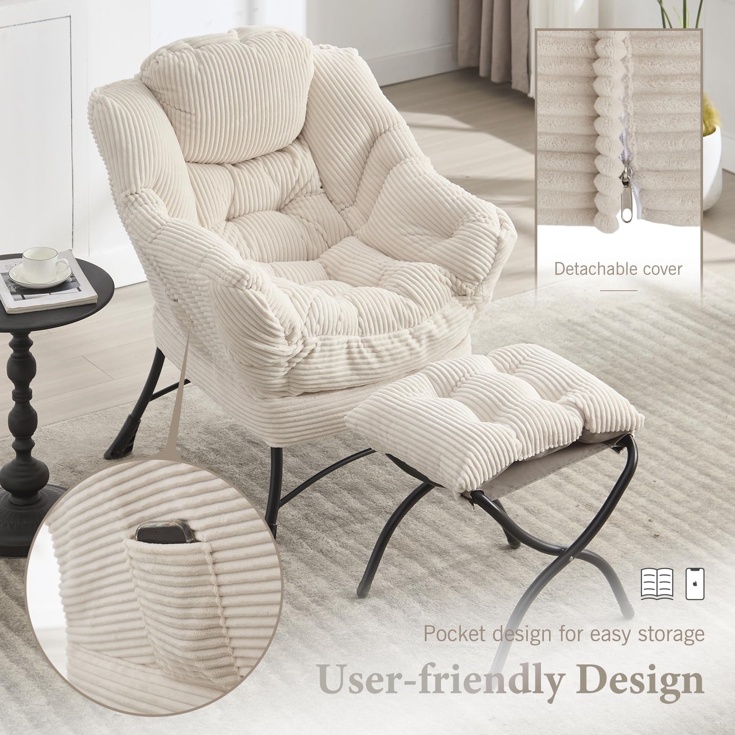 HOMEFUN Lazy Chair with Ottoman Bedroom Chairs for Adults Modern Lounge Accent Chair with Armrests, Ergonomic Footrest for Small Spaces, Comfy Reading Chair for Living Room, Bedroom, Office White