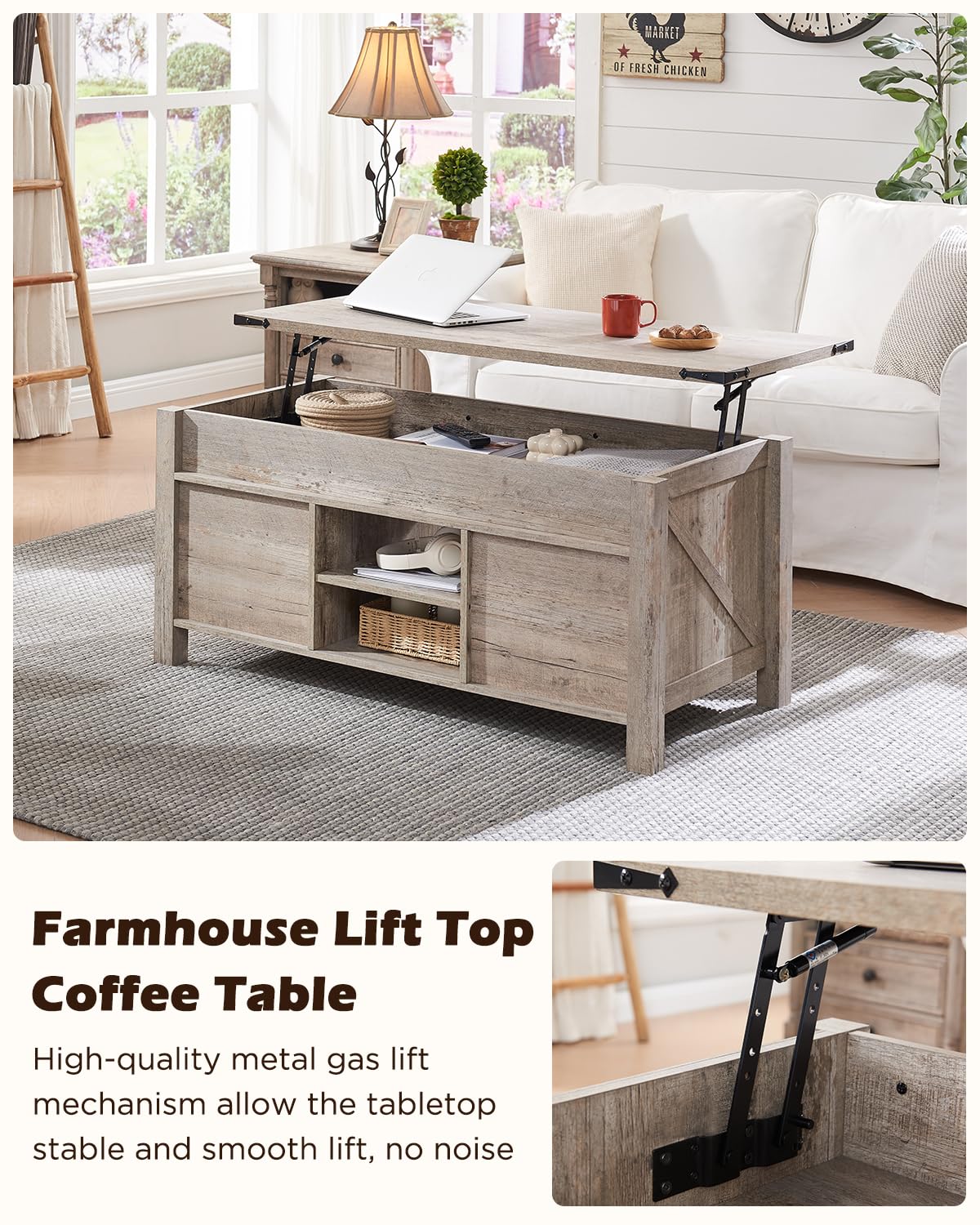 OKD 48" Farmhouse Lift Top Coffee Table with Sliding Barn Door, Rustic Center Table w/Hidden Storage Compartment, Lift Tabletop Dining Table w/Adjustable Shelf for Living Room,Light Rustic Oak