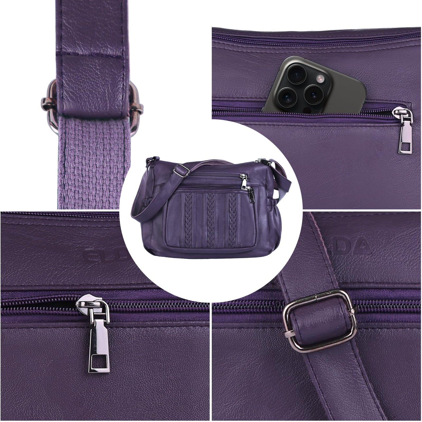 ELDA Purses for Women Pocketbooks Soft PU Leather Ladies Crossbody Purse Multi Pocket Shoulder Bag (Dark Purple)
