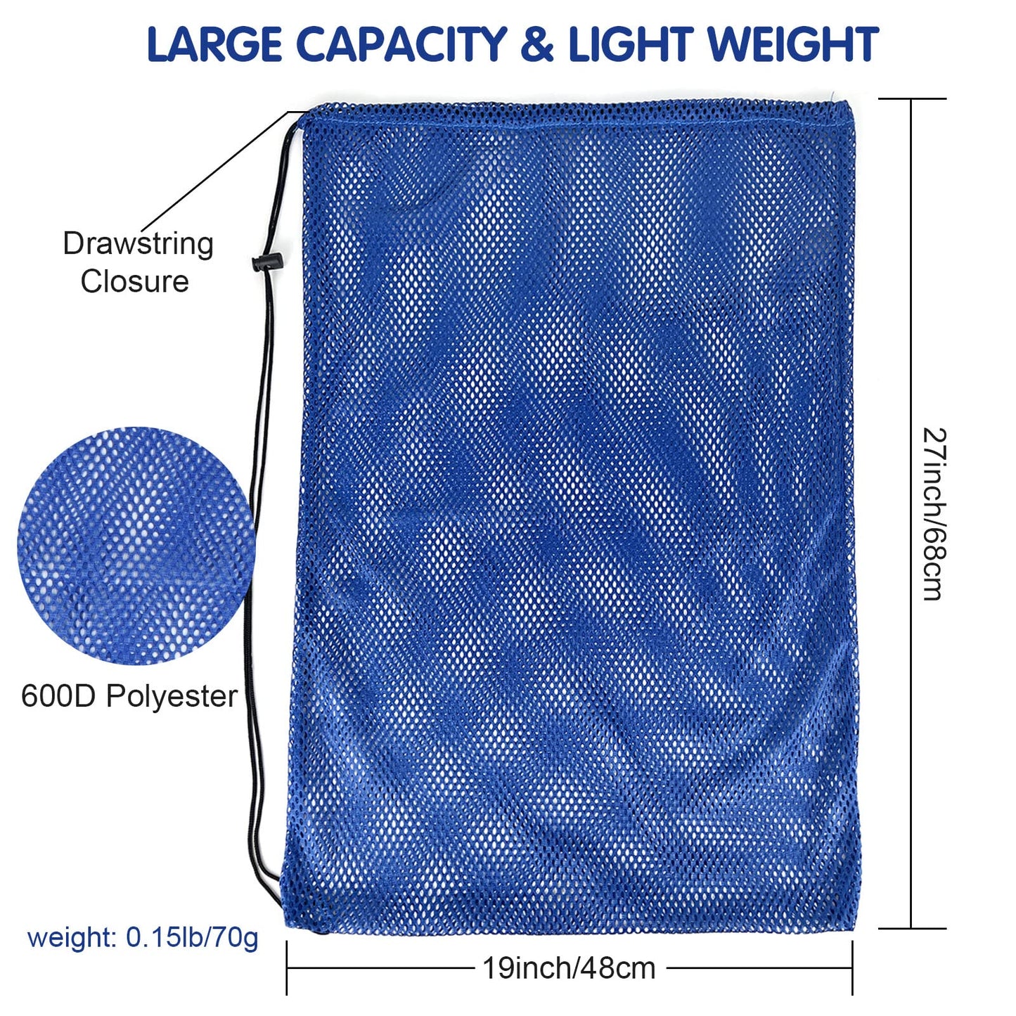 3 Pack Mesh Gear Bag Oversized 19" x 27" For Snorkel Scuba Swim Dive Gear Oversized Drawstring Net Bag for Sports Equipment, Gym, Beach, Pools Toys, Balls, Laundry, Scalloping Collect, Black & Blue