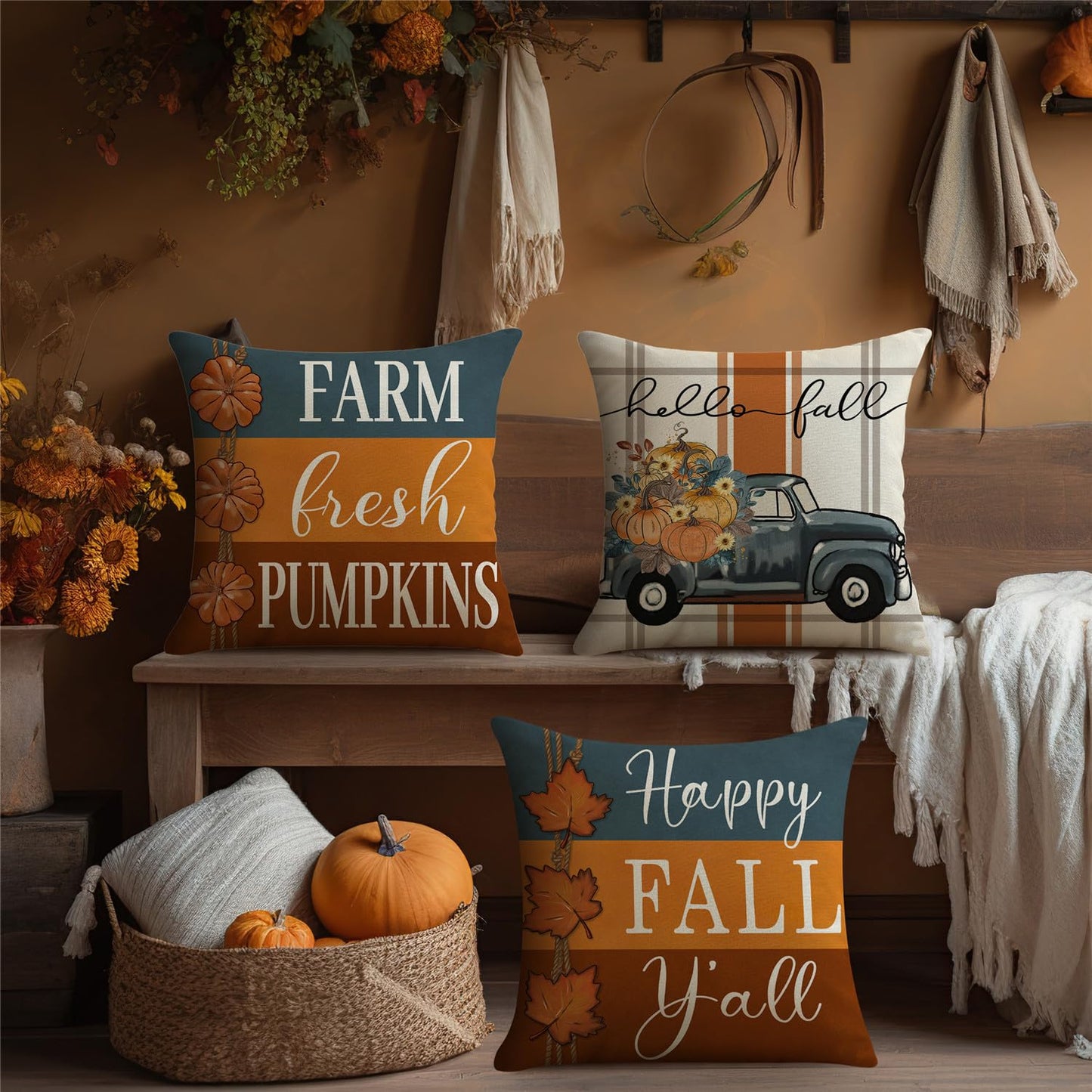MODOVOS Fall Striped Mason Jar Pumpkin Throw Pillow Covers Thanksgiving Farmhouse Decorations Maple Leaf Outdoor Fall Decor Pillow Covers 18x18 Set of 4 Harvest Autumn Cushion Case for Sofa Couch