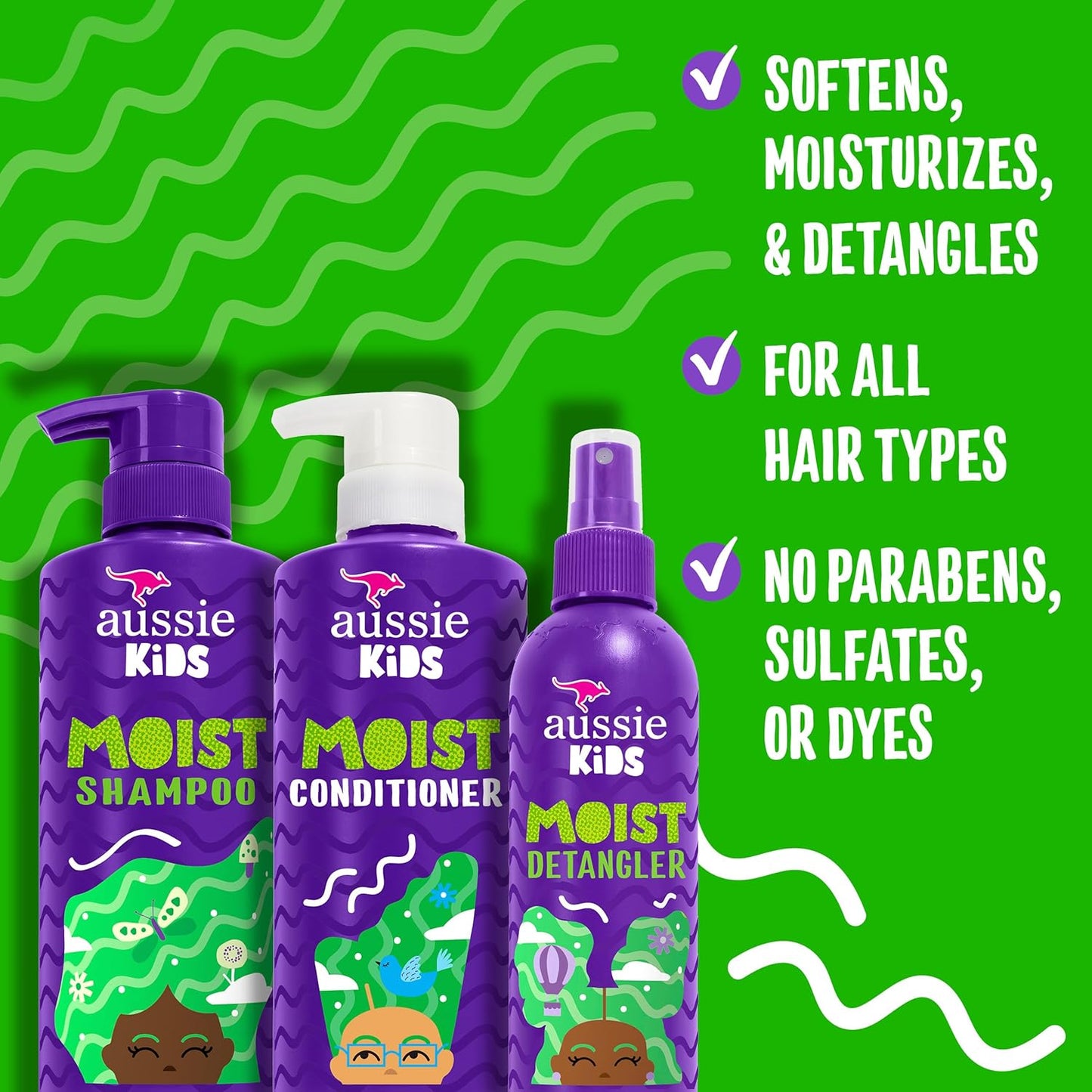 Aussie Kids Hair Care Bundle Set Including: Shampoo (16 Fl Oz), Conditioner (16 Fl Oz) & Detangler Spray (8 Fl Oz), Paraben- Freem Sulfate-Free, Dye-Free, Cruelty-Free, Tangle-Free Styling