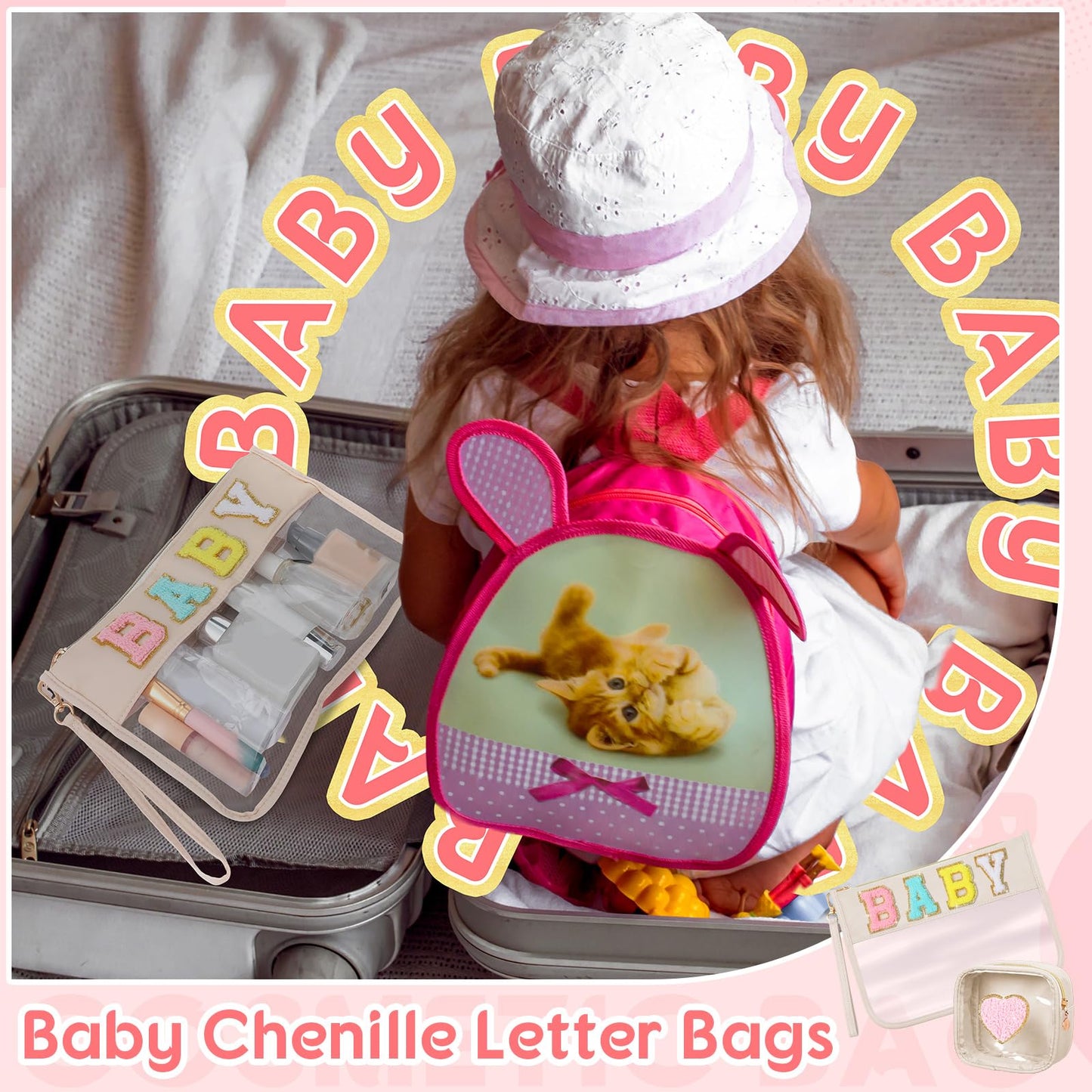 Hillban 2 Pcs Baby Bag Set Chenille Letter Bags Preppy Patch Makeup Pouch Baby Travel Pouch Waterproof Portable Toiletry Storage for Women Mom