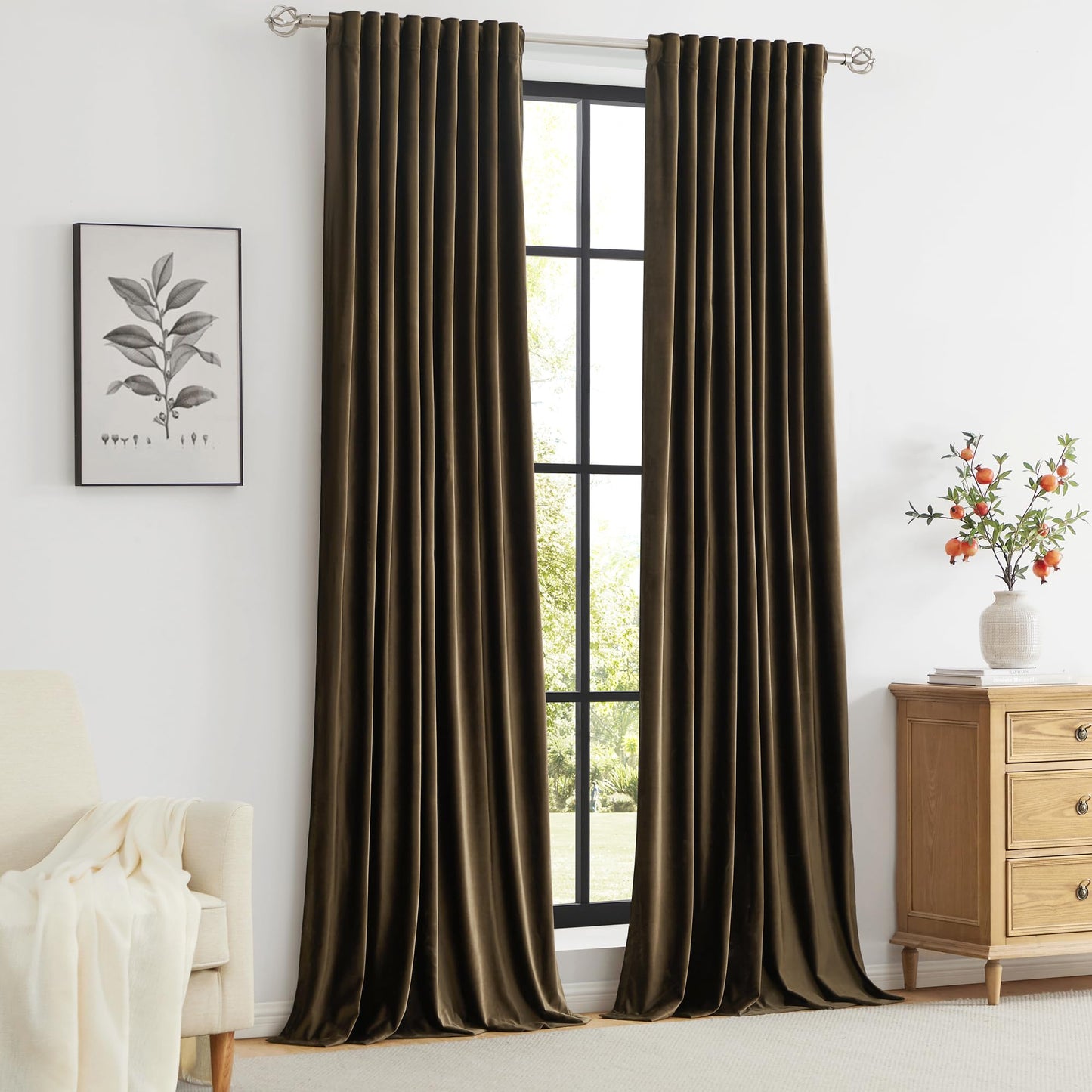 PRIMROSE Brown Velvet Curtains 96 inch Long for Living Room,Set of 2 Panels Blackout Rod Pocket Back Tab Window Treatment Room Darkening Heavy Decorative Curtains Drapes for Bedroom