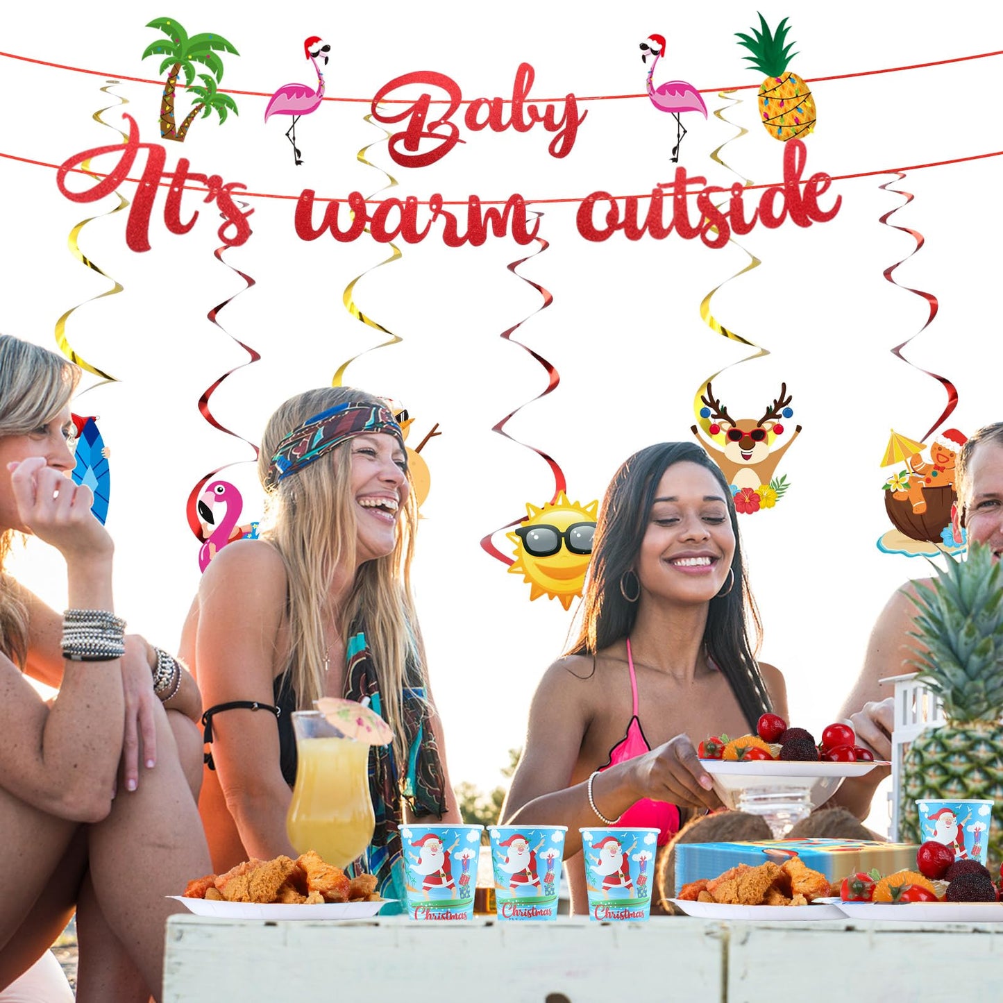 Teenyyou 148 Pcs Summer Christmas Decoration Summer Party Supplies with Disposable Tablecloths Plates Cups Napkins Forks Spoons Banners for Christmas Pool Party Favors