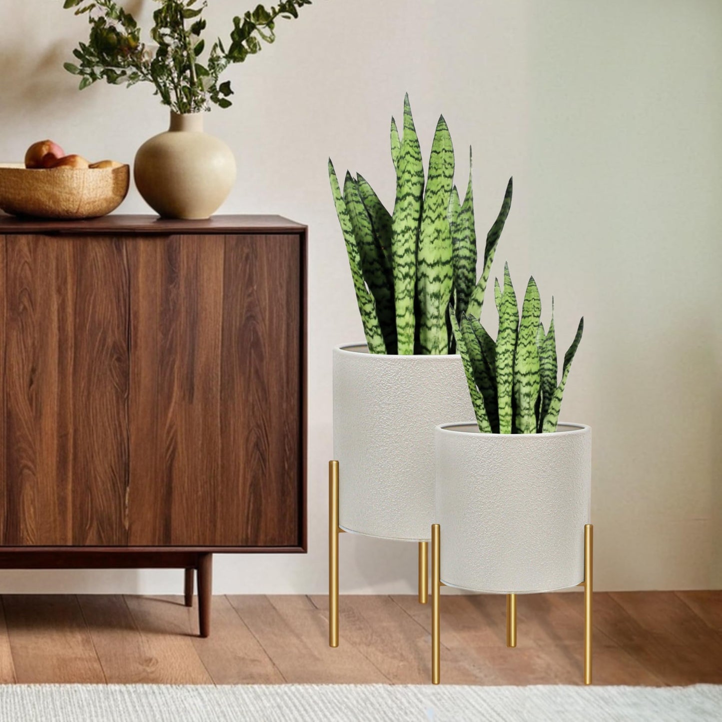 ARNIS Modern Planter Pots, Large Planters with Stand, Set of 2 Metal Planters for Plants with Drainage Holes for Living Room, Office, Garden or Balcony, 8.25 &10.5 Inch, Grey