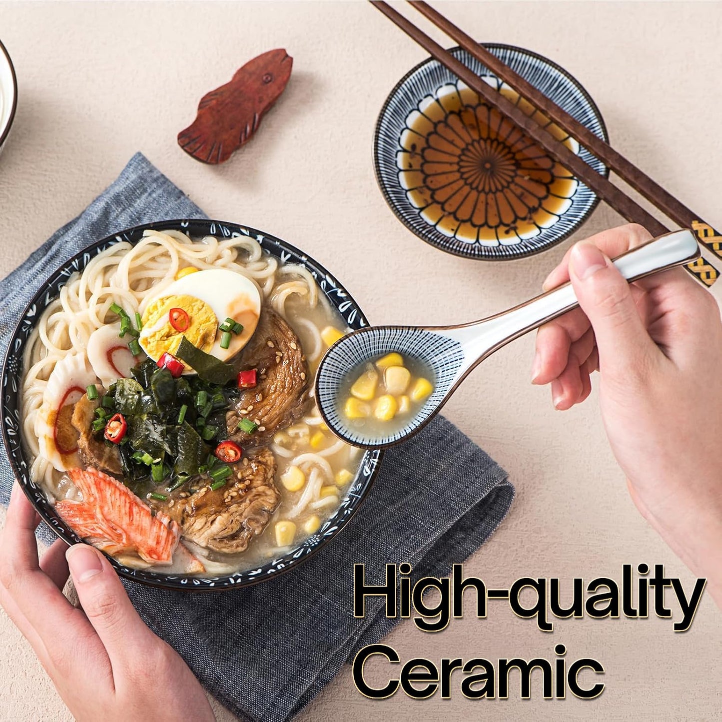 KHOI NGUYEN Asian Soup Spoon Set of 4, Ceramic Pho Spoons, Ramen Spoon, Chinese Soup Spoons, Vietnamese Gifts, Non-Slip, Dishwasher Safe for Ramen, Pho, Wonton, Miso, Dumplings, 4pcs