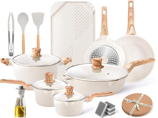 Caannasweis 20Pcs Cookware Sets, Nonstick Pots and Pans Set, Granite Induction Cookware, Non Stick Kitchen Cooking Set, Grayish White Grill Griddle Set, PFOS PFOA Free