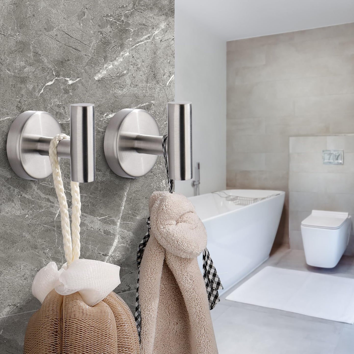 Bntuk Towel Hook for Bathroom, Heavy Duty Wall Hooks, Stainless Steel Coat Robe Clothes Hook for Bathroom Kitchen Garage Hotel, 2 Packs Wall Mount Towel Holder, Brushed Silver