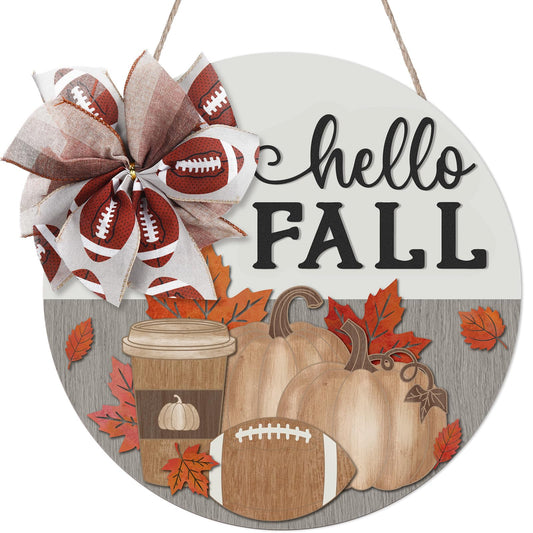 Yousoontic Hello Fall Door Sign Fall Football Home Decor Thanksgiving Round Wooden Hanging Decoration Rustic Front Door Hanger Wall Wreath with Bow for Autumn Indoor Outdoor Holiday Harvest Party