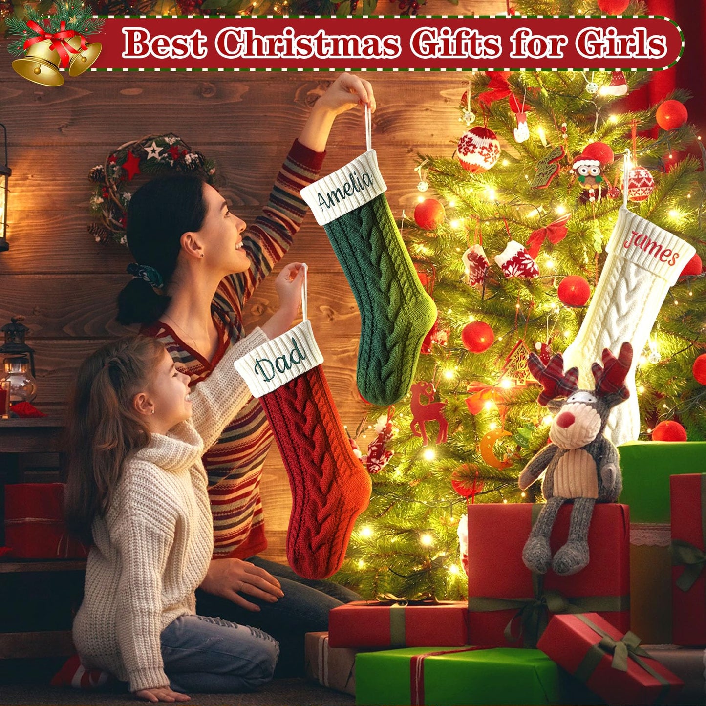 Personalized Christmas Stockings, 18” Large Custom Stockings with Embroidered Name, 1 Pack Knitted Xmas Stocking for Kids,Holiday and Family Stocking for Fireplace Christmas Party Decoration (A)