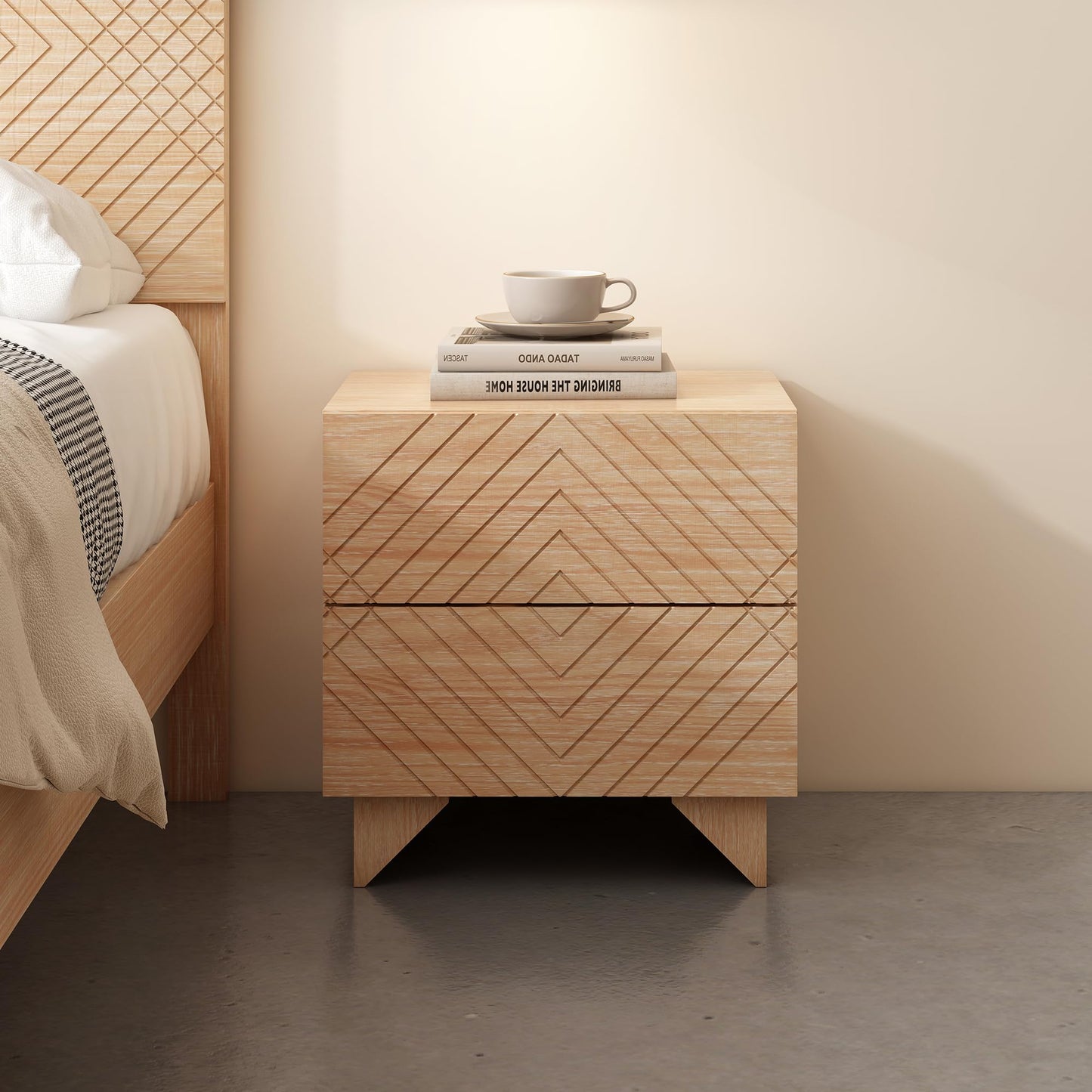 MUSEHOMEINC Solid Wood Nightstand with 2 Drawer Storage, Modern Beside Table, Small 2 Drawer Dresser, Night Stand with Two Unique Rhombus Details Drawers for Bedroom, Home,Living Room