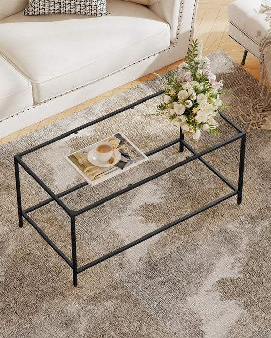 Homleke Glass Coffee Table, Modern Rectangular Black Coffee Table for Living Room, Minimalist Center Tea Table with Sturdy Metal Frame for Apartment, Office, Dining Room, Easy Assembly, Black