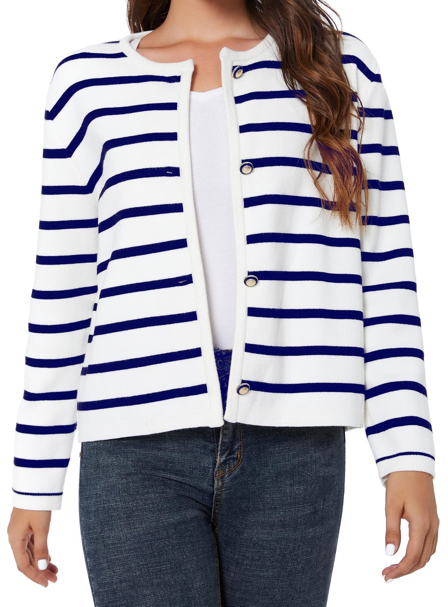 LATAHUO Women's Striped Cardigan Sweater Trendy Long Sleeve Button Down Crewneck Knit Cardigans(Navy+White, Medium)