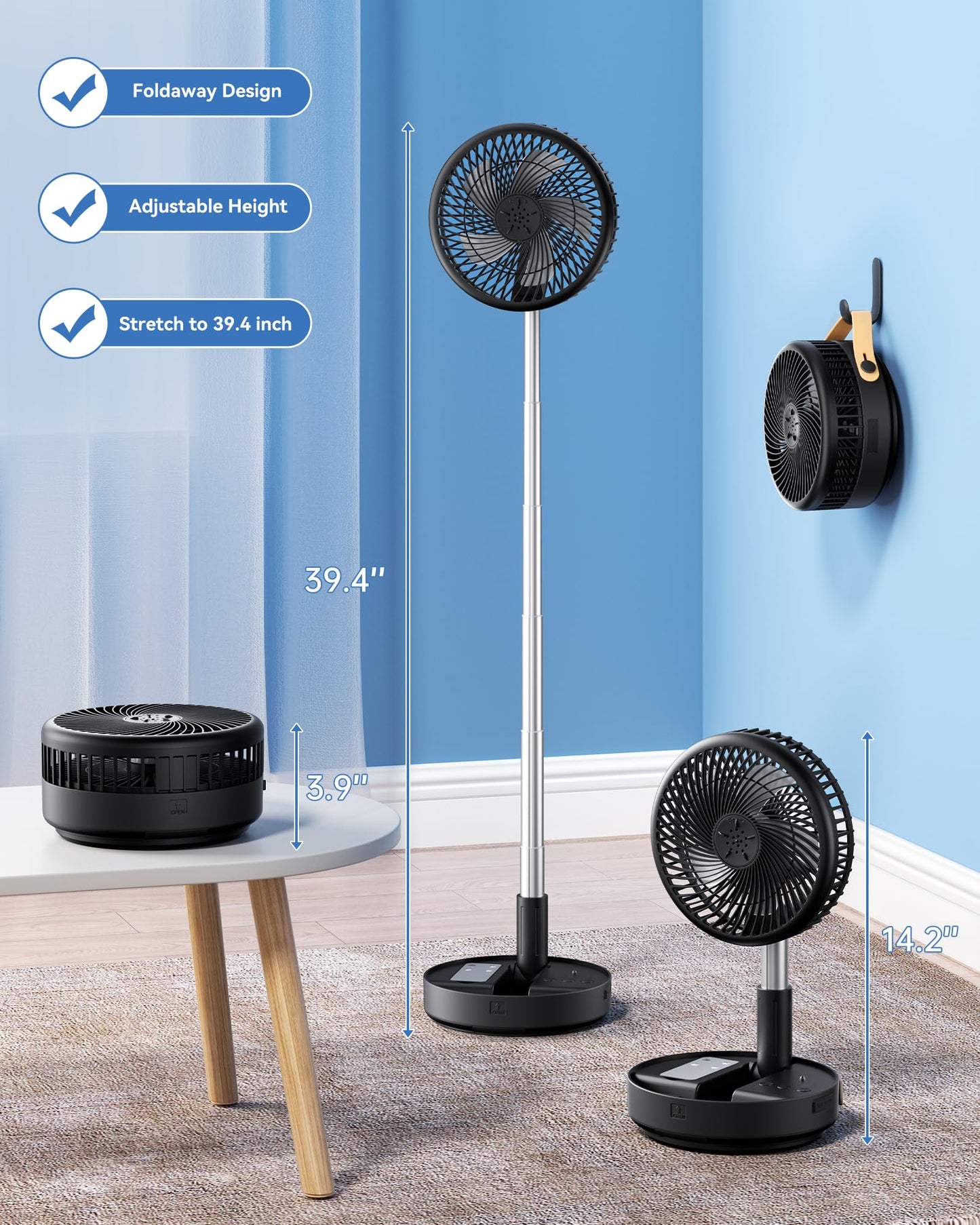 Primelove Portable Oscillating Travel Fan, 10400mAh Battery Operated Rechargeable USB Floor Table Desk Fan with Remote, 4 Speed Settings Pedestal Fan for Home Bedroom Office Camping Cruise, Black 8"
