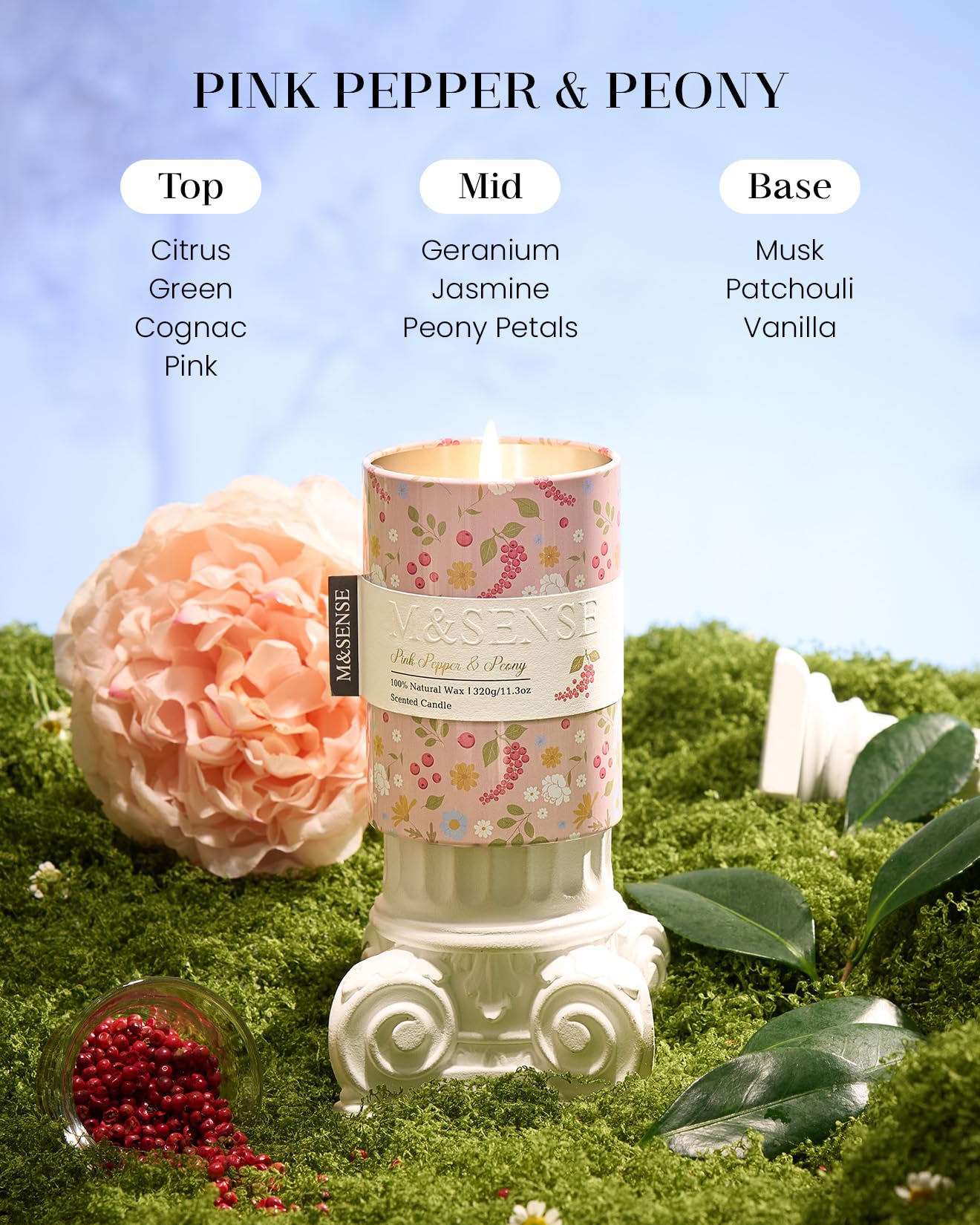 M&SENSE Pink Pepper Peony Scented Candle, Medium Jar Candle 11.3oz Natural Soy Wax for Home Scented, Floral Candles Gift for Spring Holiday, Up to 70 Hours Burning Long-Lasting Fragrance