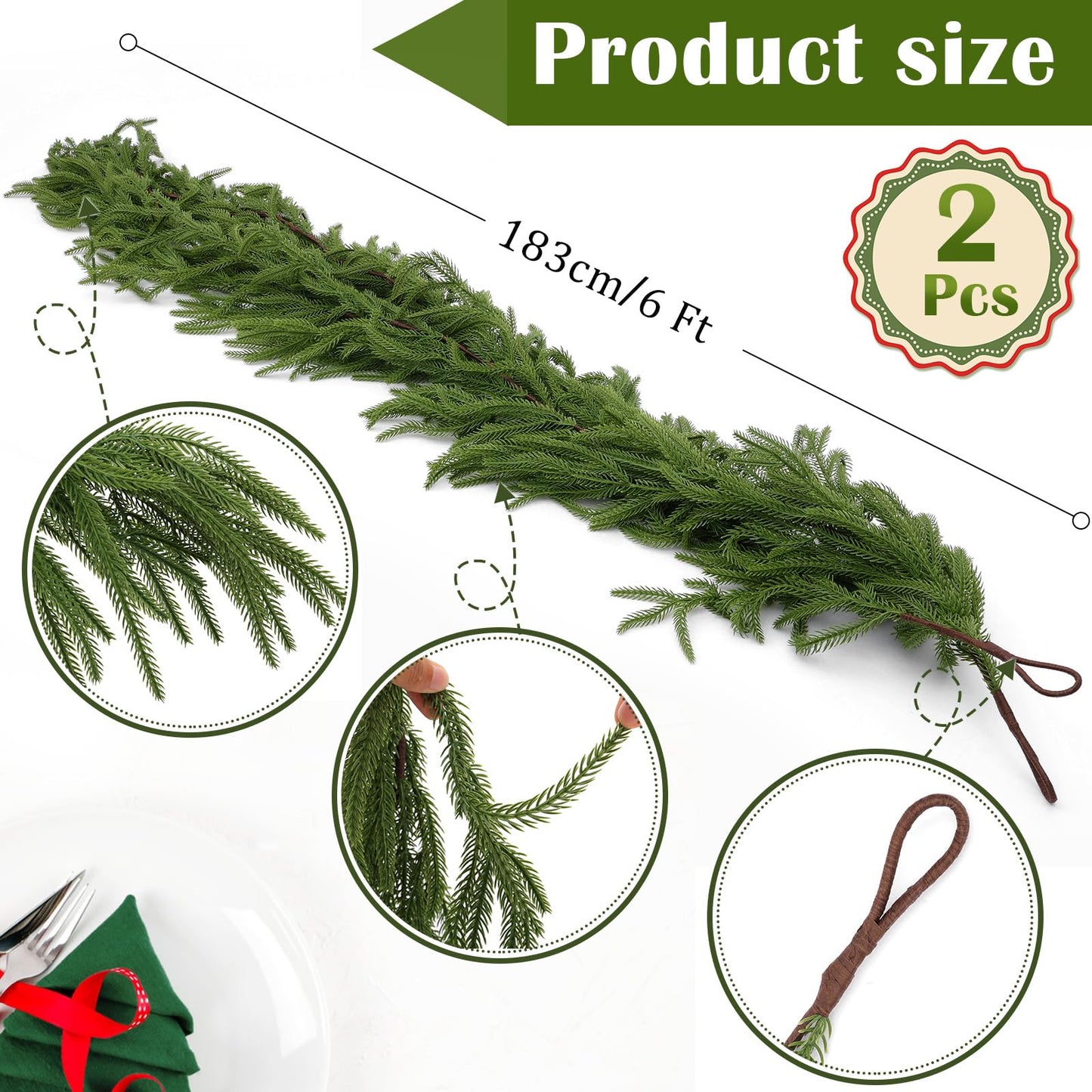 Hananona 2 Pcs 6 Ft Artificial Norfolk Pine Garlands, Real Touch Winter Pine Garland, Green Artificial Greenery Garland for Table, Mantle, Wall, Indoor, Outdoor Christmas Decorations (2, 6 FT)