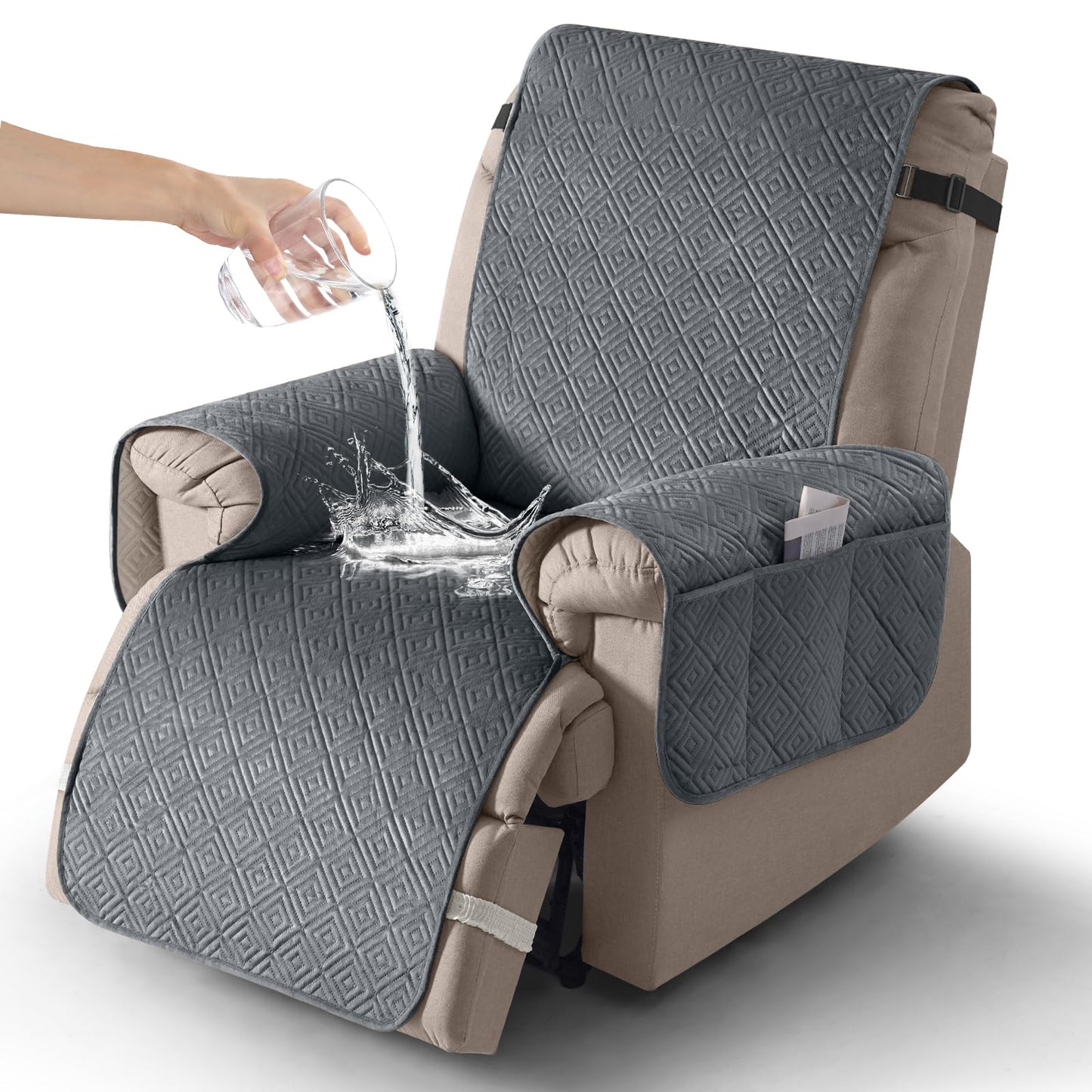 Timeles 100% Waterproof Recliner Chair Covers, Recliner Cover That Stay in Place with Pocket for Pets & Dogs,Furniture Slipcover Protector Washable (Medium: 23",Gray)