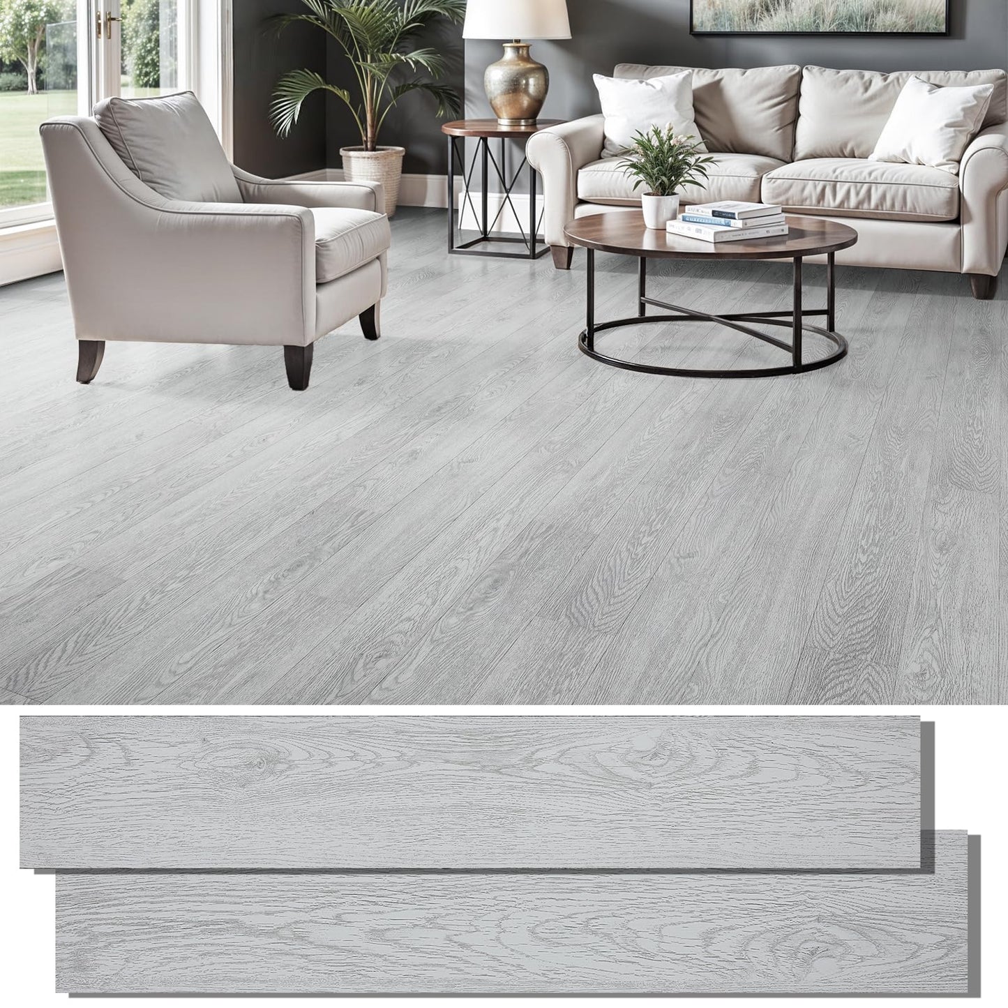 Peel and Stick Floor Tile, INMOZATA Self Adhesive Vinyl Plank Flooring Tile Wood Grain Look 36-Pack 54 Sq.Ft Waterproof Tile Sticker for Bedroom, Living Room, Kitchen, RV(Light Gray)