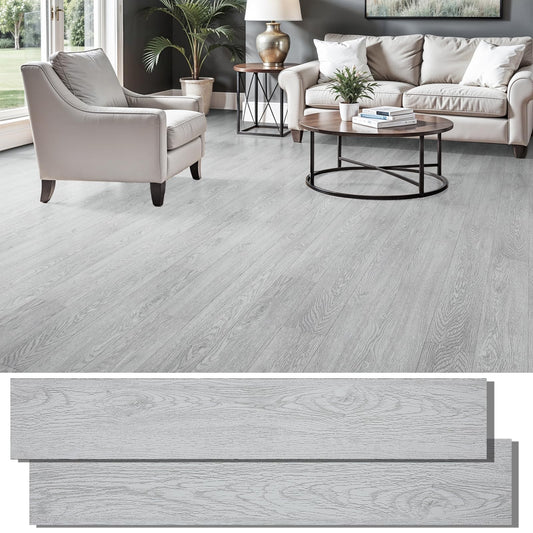 Peel and Stick Floor Tile, INMOZATA Self Adhesive Vinyl Plank Flooring Tile Wood Grain Look 36-Pack 54 Sq.Ft Waterproof Tile Sticker for Bedroom, Living Room, Kitchen, RV(Light Gray)