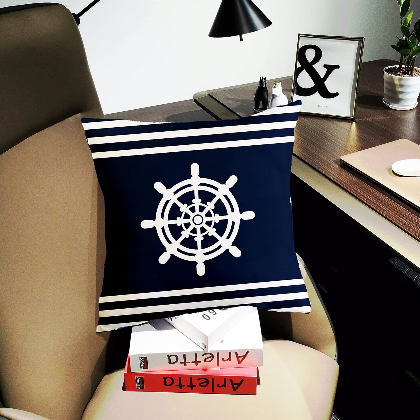 SLHETS Navy Blue Ocean Boat Anchor Throw Pillow Covers 18x18' White Navigation Cushion Case for Sofa Bedroom Cushion Home Decor Set of 2