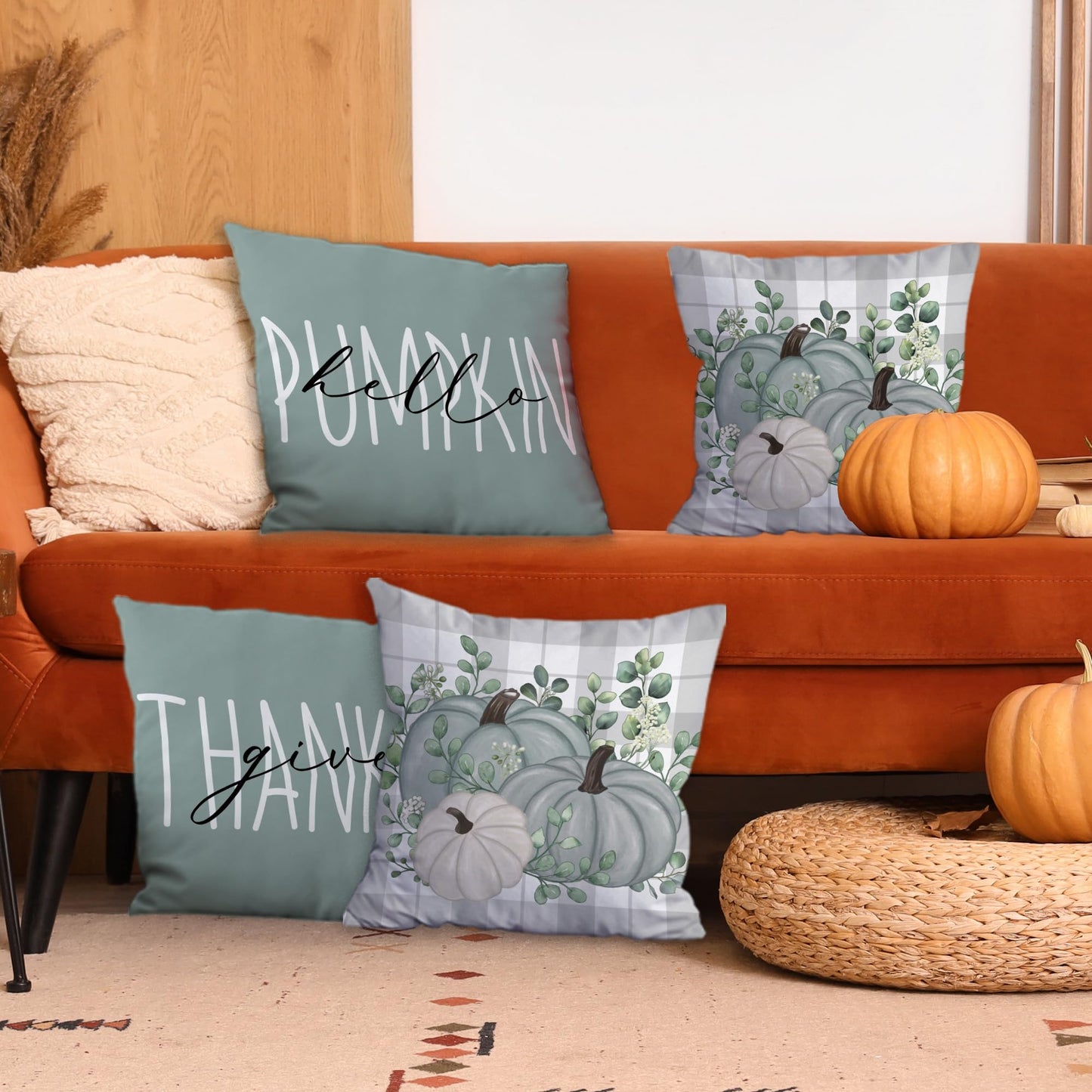 FUTBU Fall Pillow Covers 18x18, Fall Decorations Indoor Pillow Covers Set of 4 Blue, Autumn Decor Pumpkin Eucalyptus Leaves Throw Pillow Covers Harvest for Couch Sofa Living Room Outdoor Thanksgiving
