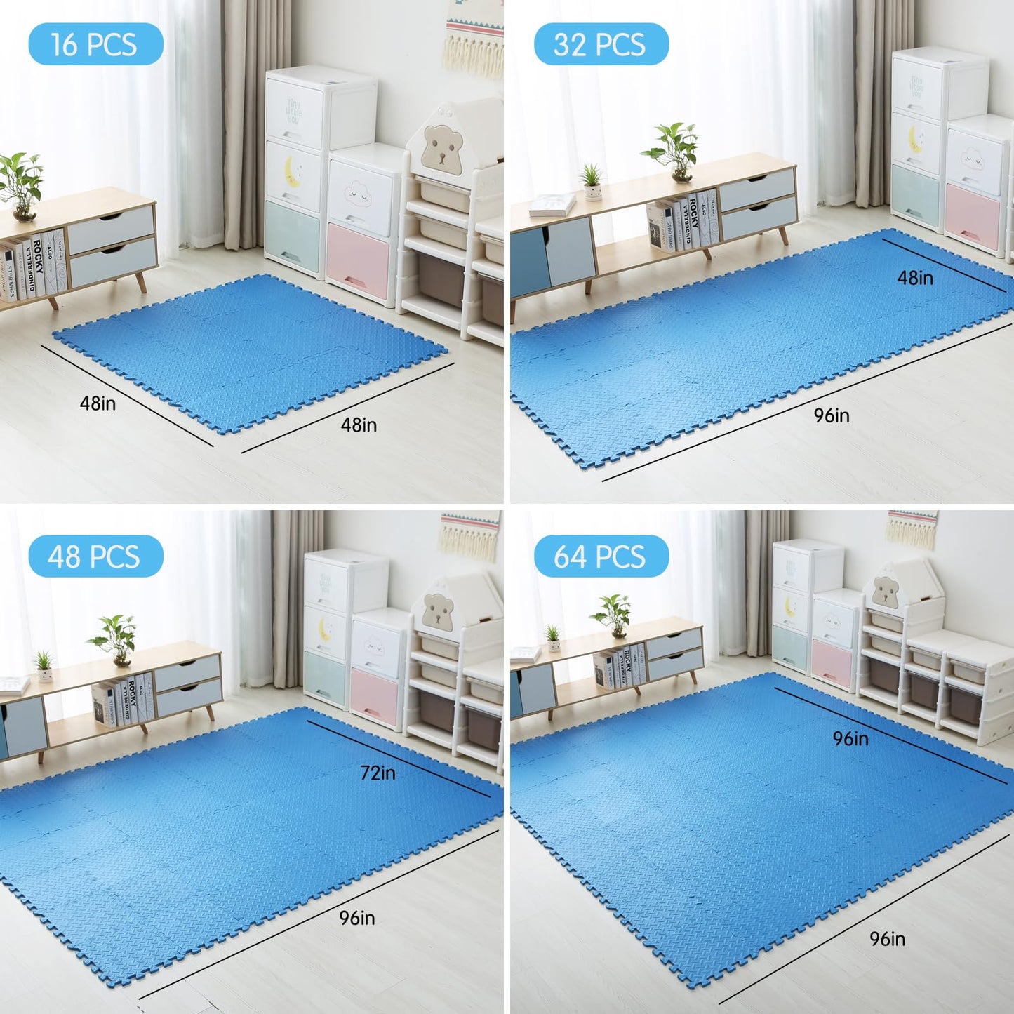 Coolcandy EVA Foam Play Mat, 16 Tiles Colorful Baby Play Mat, Square Kids Playmat with Solid Colored, 0.4" Thickened Interlocking Foam Floor Tiles, Puzzle Play Mat for Baby Lying, Playing (Blue)