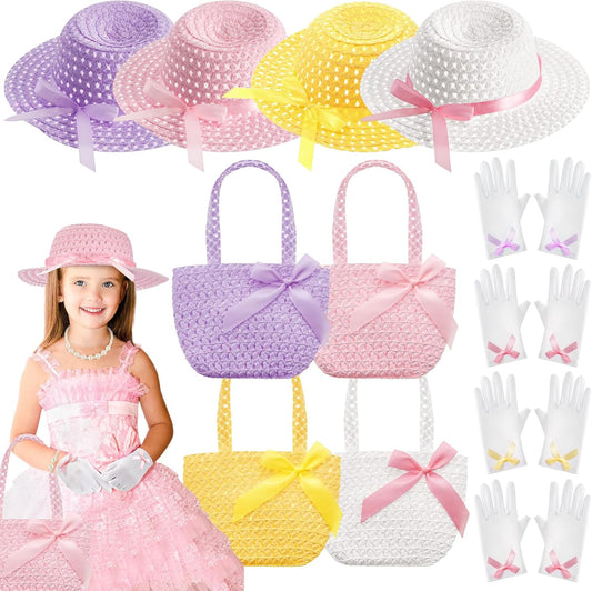 Tradder 12 Pcs Girls Tea Party Hats Accessories Tea Fascinators Hats Gloves and Handbags Favors for Dress Costumes Party(Bright Color)