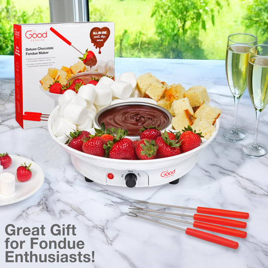 Electric Fondue Maker Deluxe Set w 4 Forks- Removable Serving Tray & Chocolate Melting, Warming Setting- 4th of July Summer S'mores Kit- Dip Snacks Marshmallows Strawberries- Party Appetizers Desserts