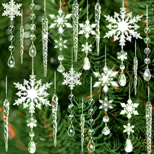 20 Pack Crystal Christmas Ornaments for Tree Decorations, Magicsky Acrylic Snowflake & Icicle & Drop Pendants for Winter Wonderland Santa, Hanging Ornament for Xmas New Year Party DIY Décor Supplies