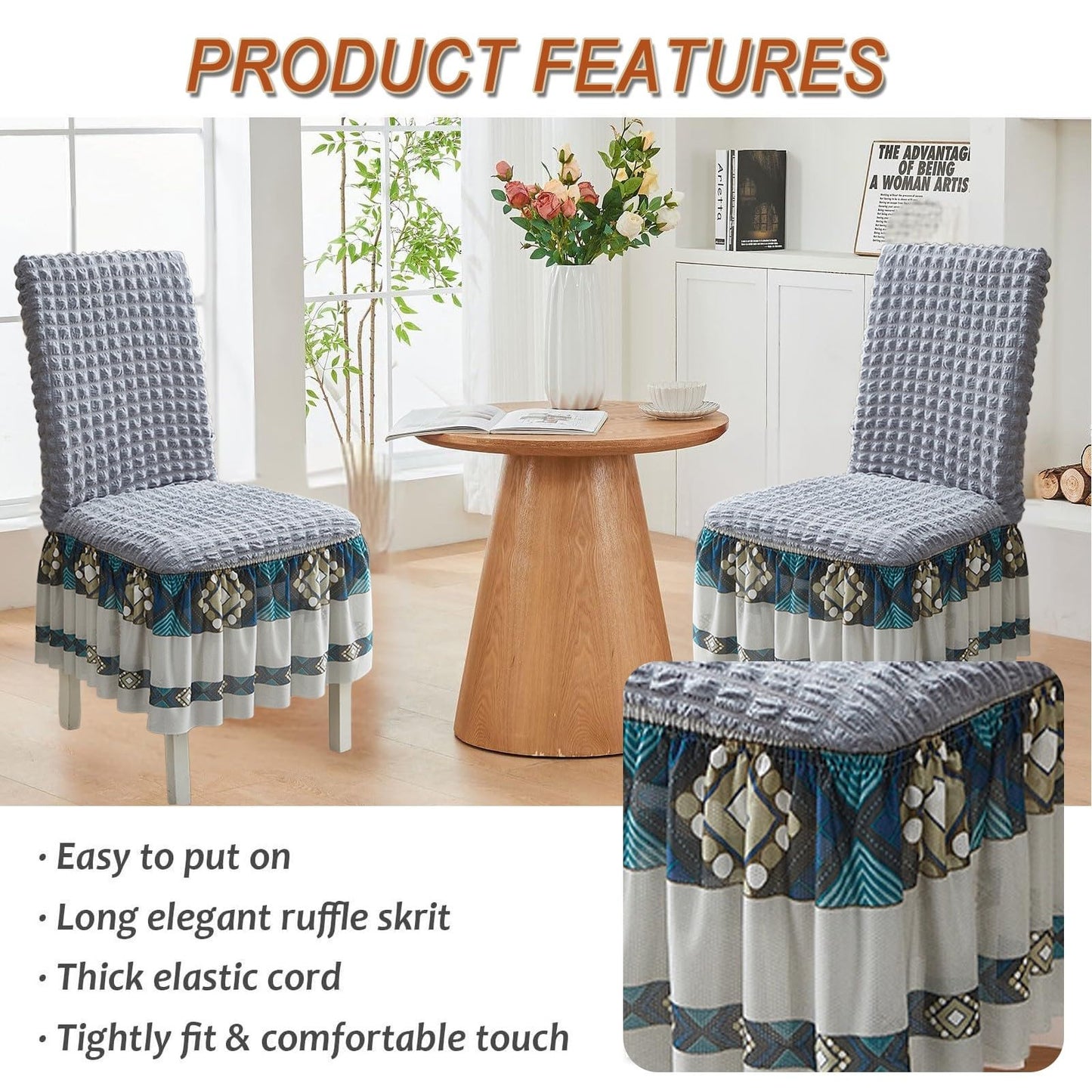 Ouxeer Dining Chair Covers Stretch Seersucker Chair Slipcover with Skirt Washable Chair Covers for Dining Room Restaurant Banquet(Cyan)