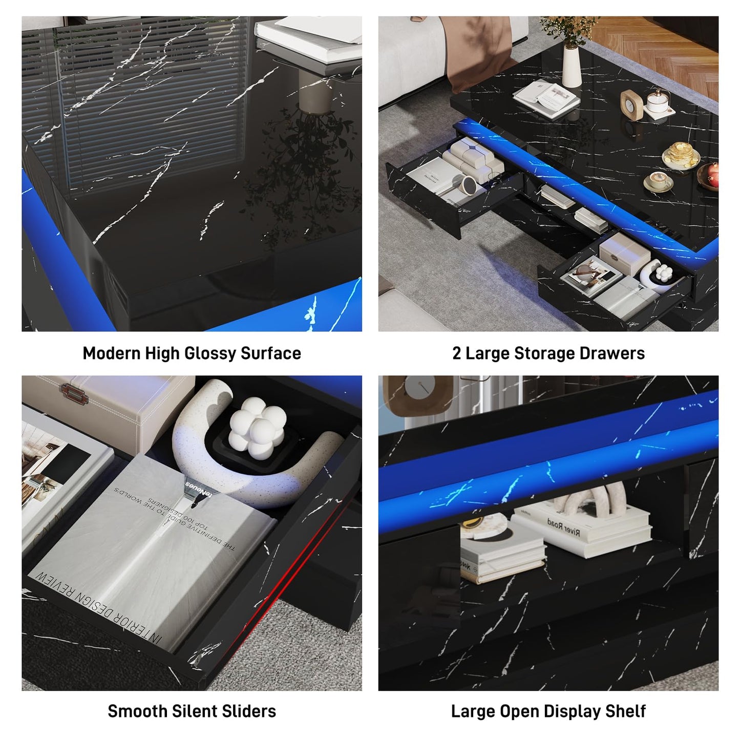 47.2 inch Modern High Glossy LED Coffee Table with 2 Sliding Drawers, Double-Layer Center Tables with LED Lights for Livings Room Furniture, Black