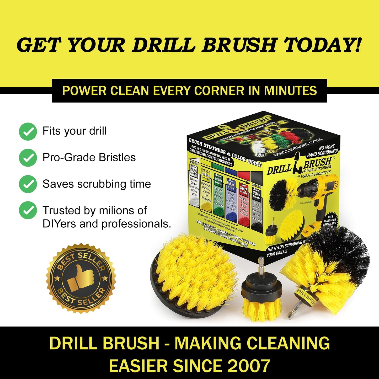 Drillbrush Drill Brush Attachment Set for Bathroom Cleaning – Power Scrubber Brush Kit for Tub, Tile, Shower, and Grout – All-Purpose Household Cleaning Brushes for Drill - Electric Grout Cleaner Kit