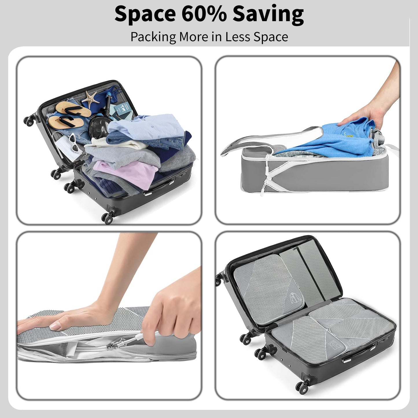 Ultralight Suitcase Organiser Bags Set - 6 Expandable Packing Cubes for Travel Essentials, Carry-on Luggage Suitcase (Grey)