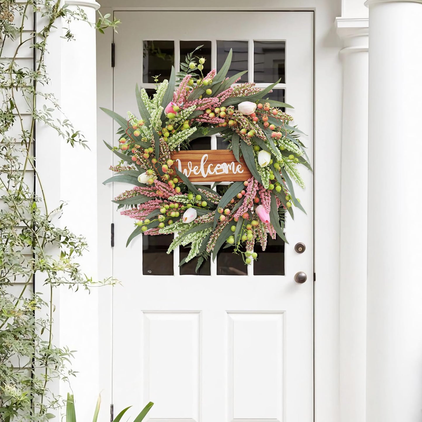 Wreaths for Front Door 24 Inch Spring Summer Tulip Wreath withTulip,Berries,Boxwood and Cattails Welcome Door Wreath, Porch, Window Green Decor for Home, Farmhouse - Spring, Summer, Fall, All Seasons
