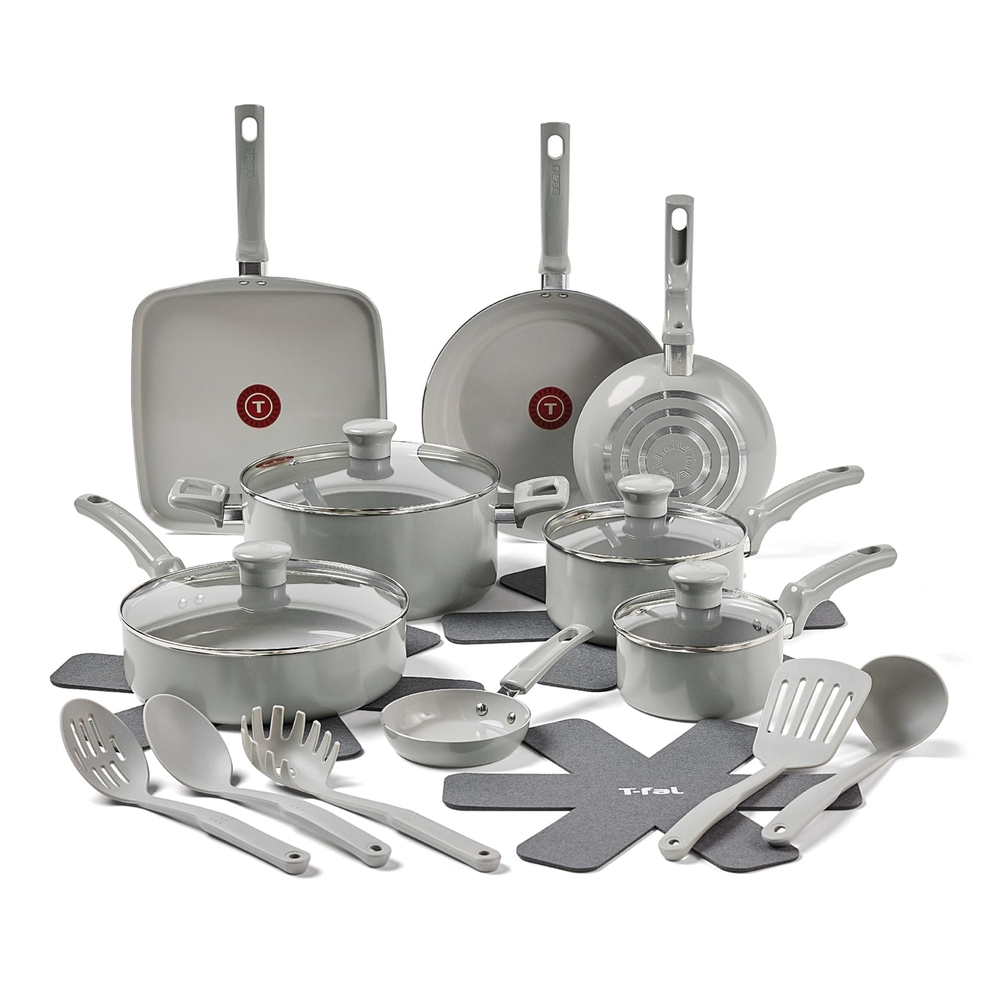 T-Fal Refresh Ceramic Nonstick Cookware Set, 20-Piece, Made without PFOA and PTFE, Oven and Broiler Safe up to 350°F, Includes Stockpot, Griddle, Frying Pans, and Utensils, Pots and Pans, Moon Grey