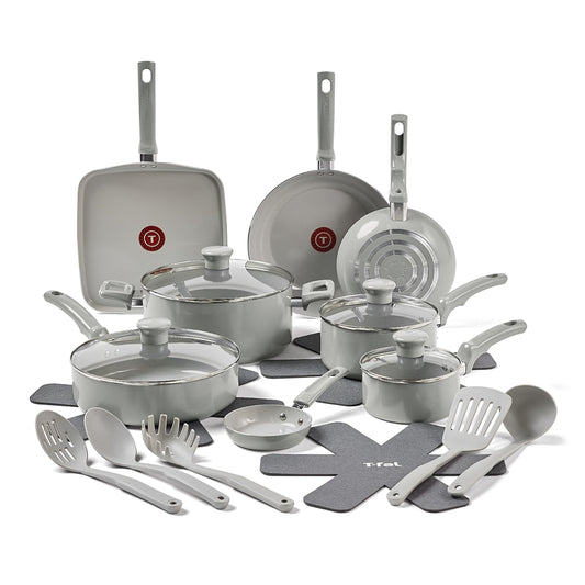 T-Fal Refresh Ceramic Nonstick Cookware Set, 20-Piece, Made without PFOA and PTFE, Oven and Broiler Safe up to 350°F, Includes Stockpot, Griddle, Frying Pans, and Utensils, Pots and Pans, Moon Grey
