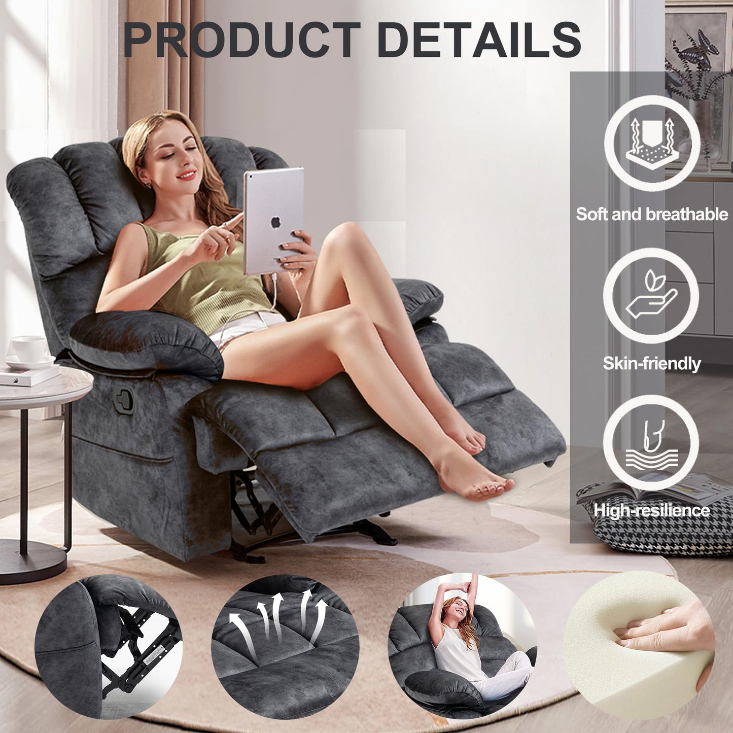 ZJTFNOU Oversized Recliner Chairs for Adults，Manual Adjustable Recliner Chair with Overstuffed Backrest with Lumbar Support, Reclining Chair Single Seat Sofa for Living Room, Bedroom