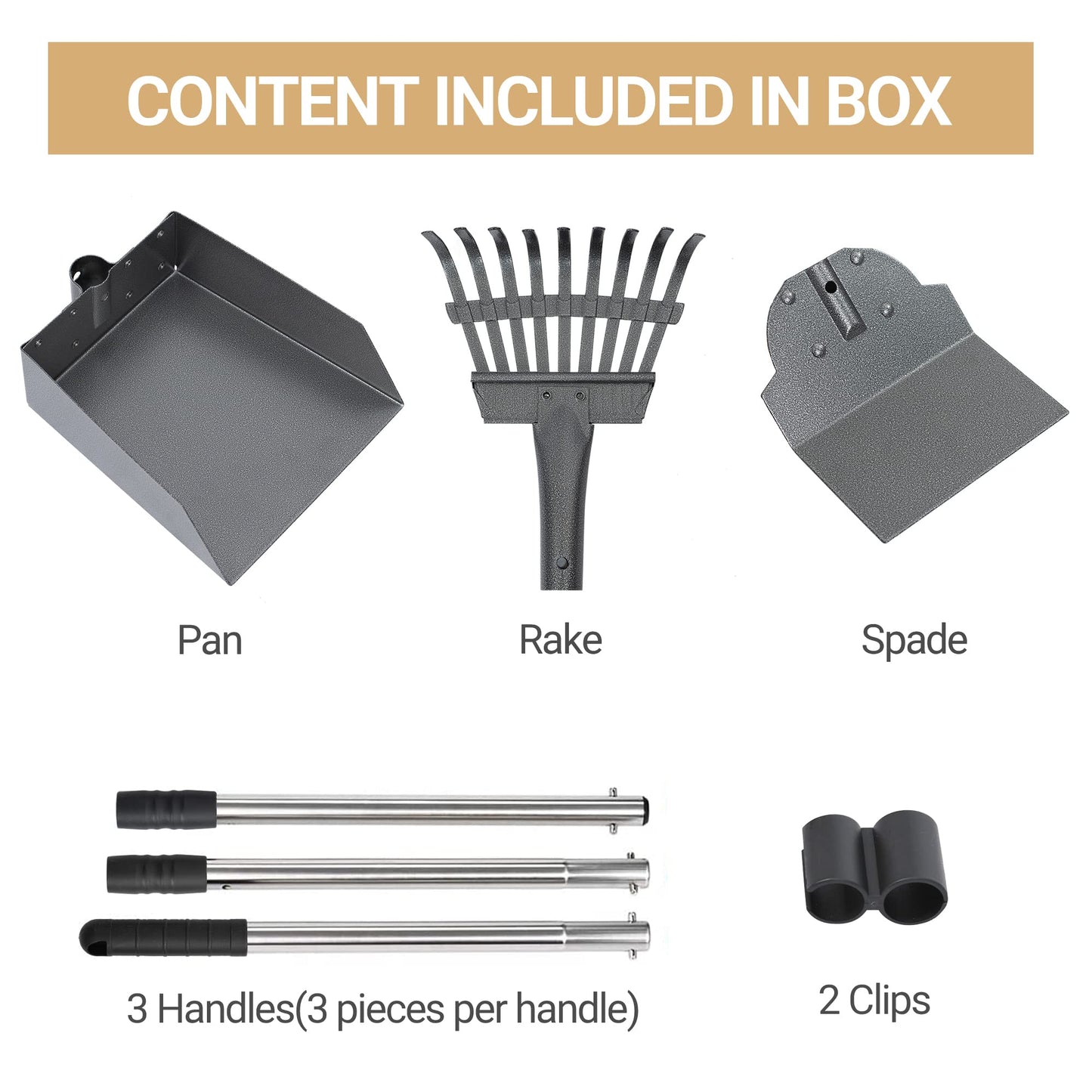 Heeyoo Dog Pooper Scooper, Dog Poop Tray and Rake Set, Pet Waste Removal Scoop with Long Adjustable Sectional Stainless Handles